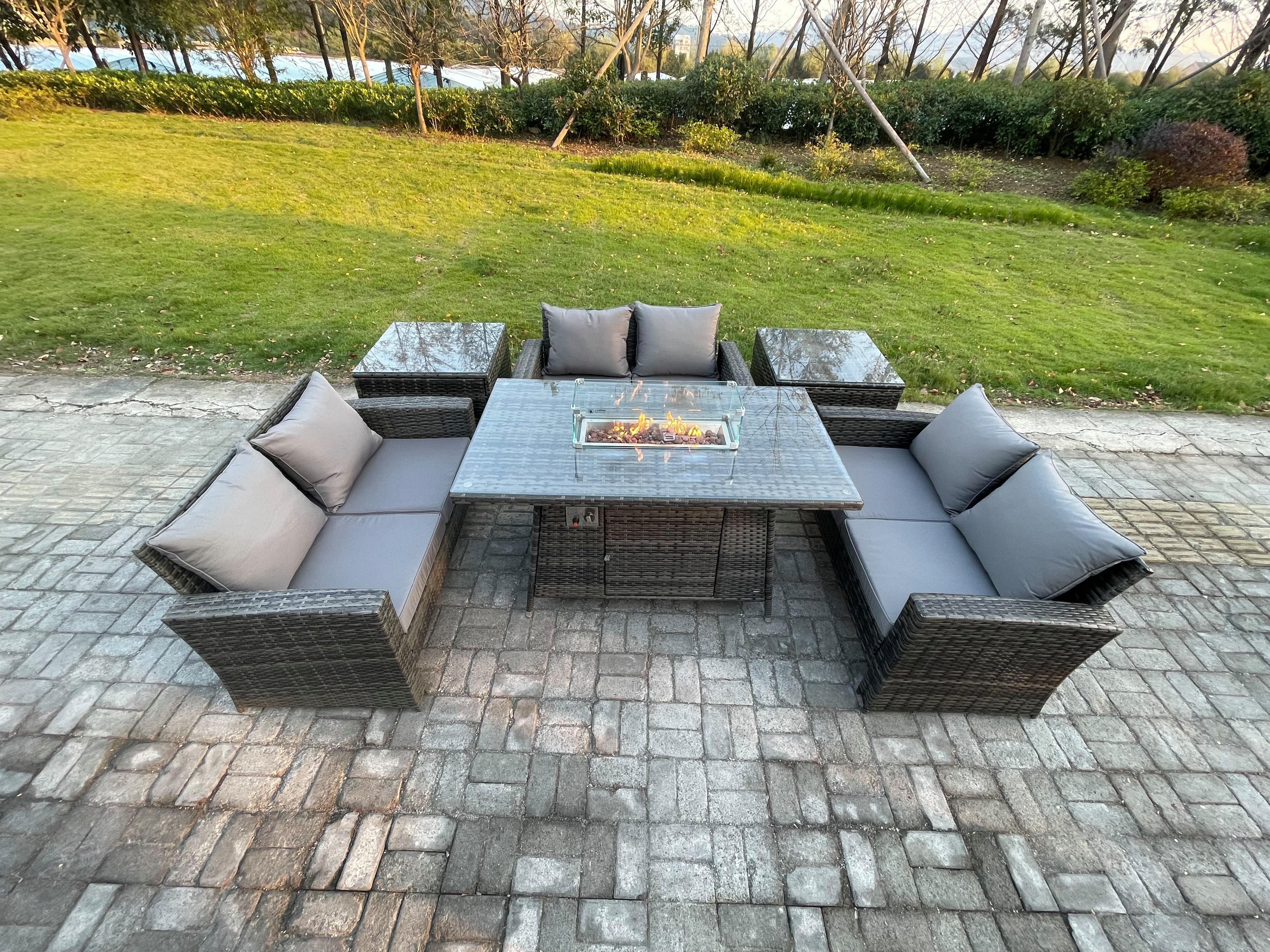 High Back Rattan Garden Furniture Sofa Sets Outdoor Furniture Gas Firepit Dining Table Set 2 Side Tables Dark Grey Mixed
