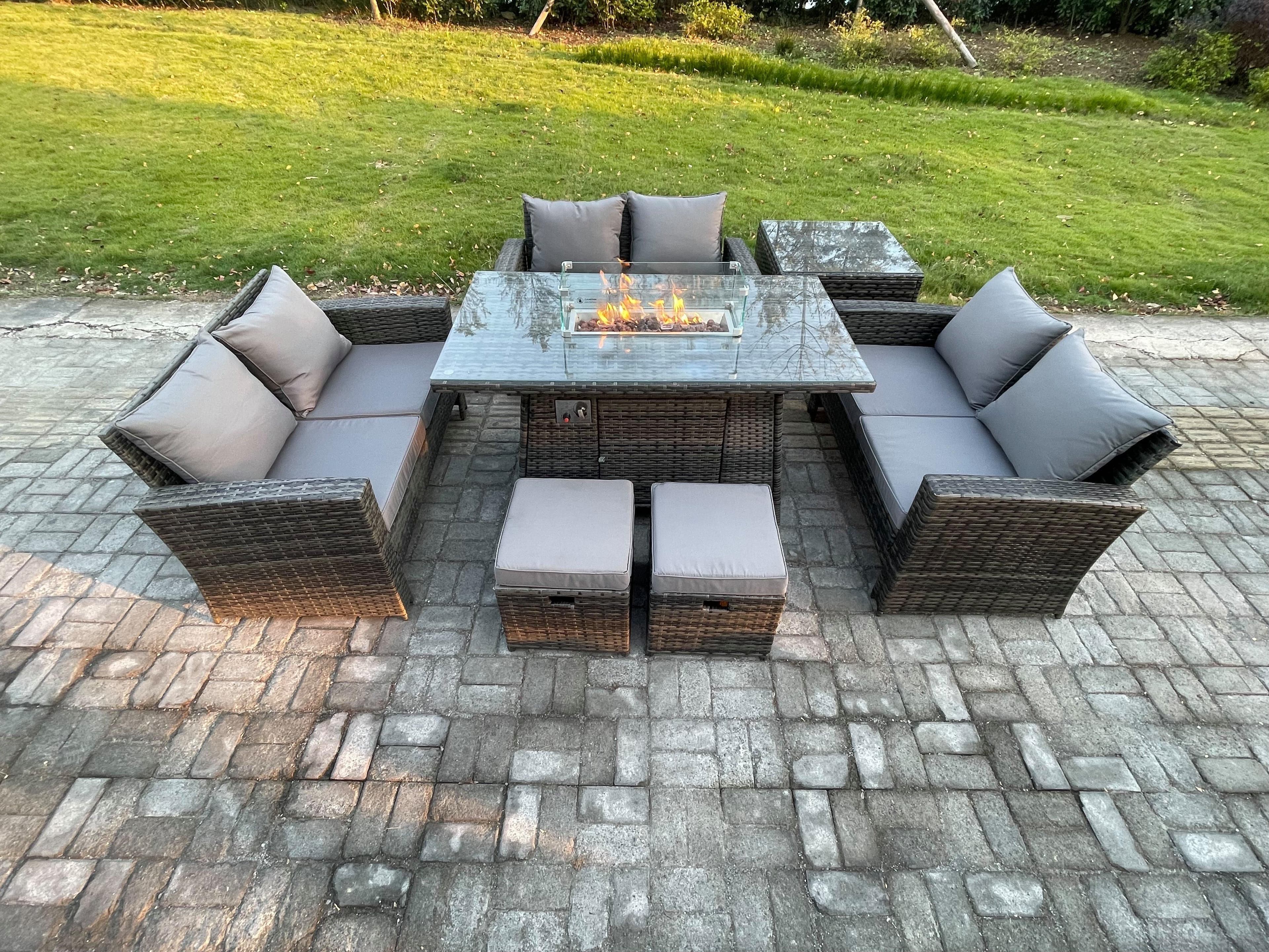 High Back Rattan Garden Furniture Sofa Sets Outdoor Furniture Gas Firepit Dining Table Set Side Table 2 Small Footstools