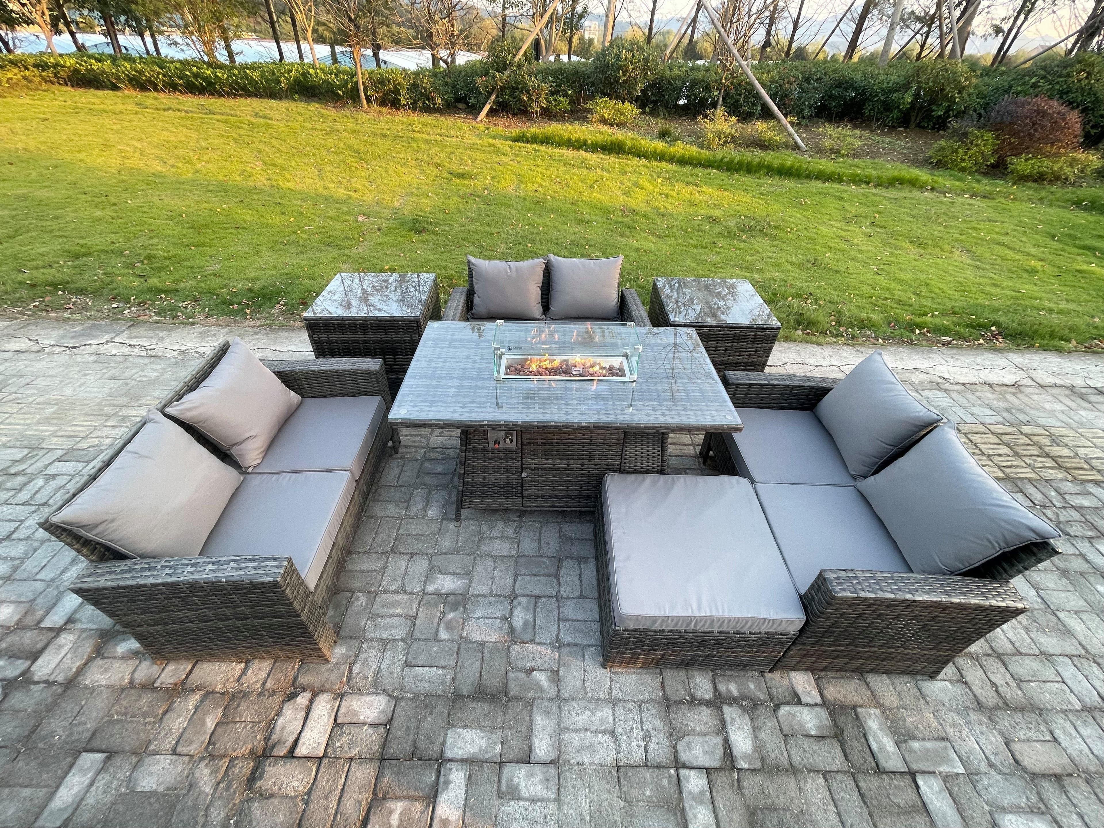 High Back Rattan Garden Furniture Sofa Sets Outdoor Furniture Gas Firepit Dining Table Set 2 Side Tables