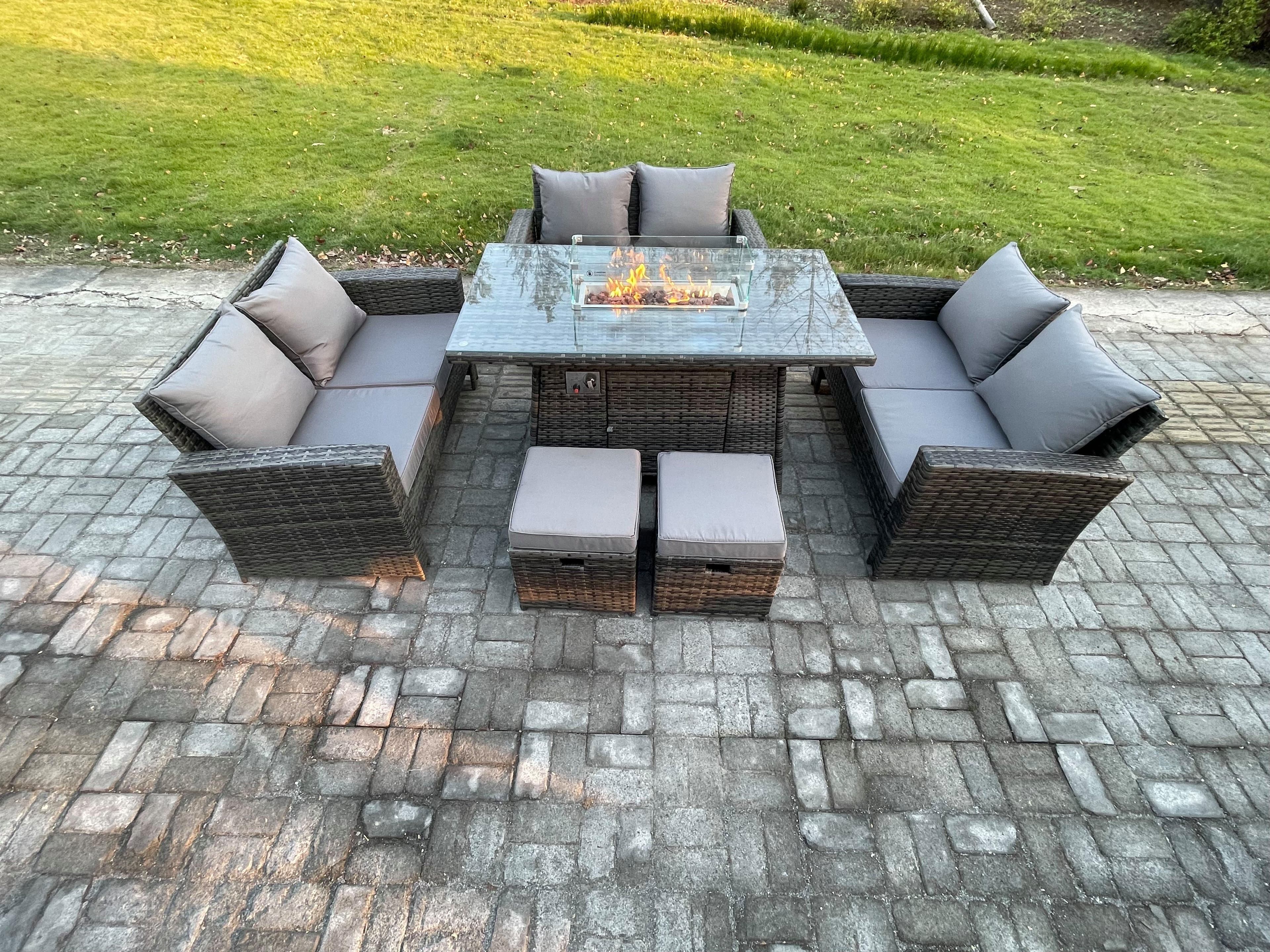 High Back Rattan Garden Furniture Sofa Sets Outdoor Furniture Gas Firepit Dining Table Set 2 Small Footstools