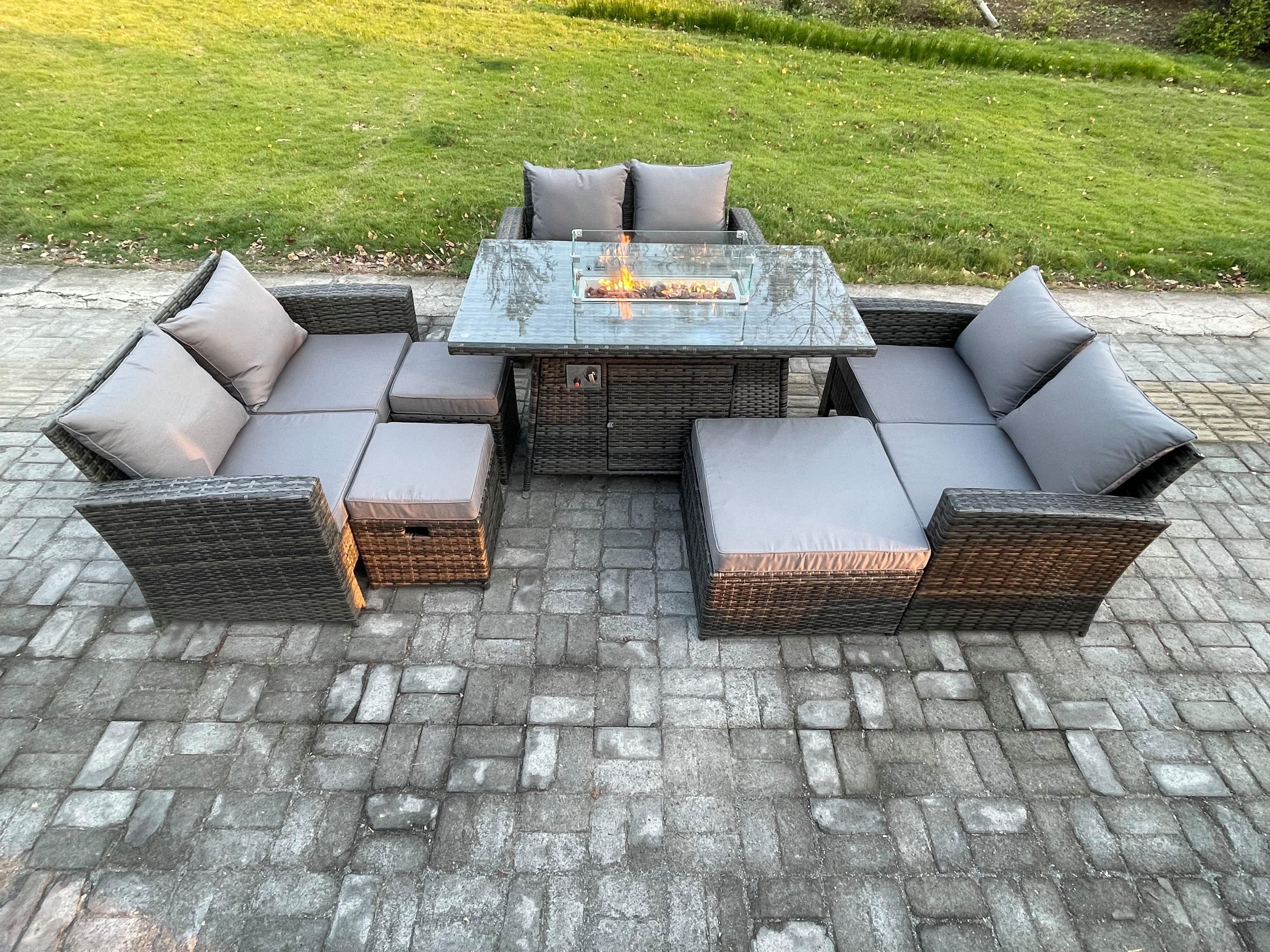 High Back Rattan Garden Furniture Sofa Sets Outdoor Furniture Gas Firepit Dining Table Set 3 Footstools