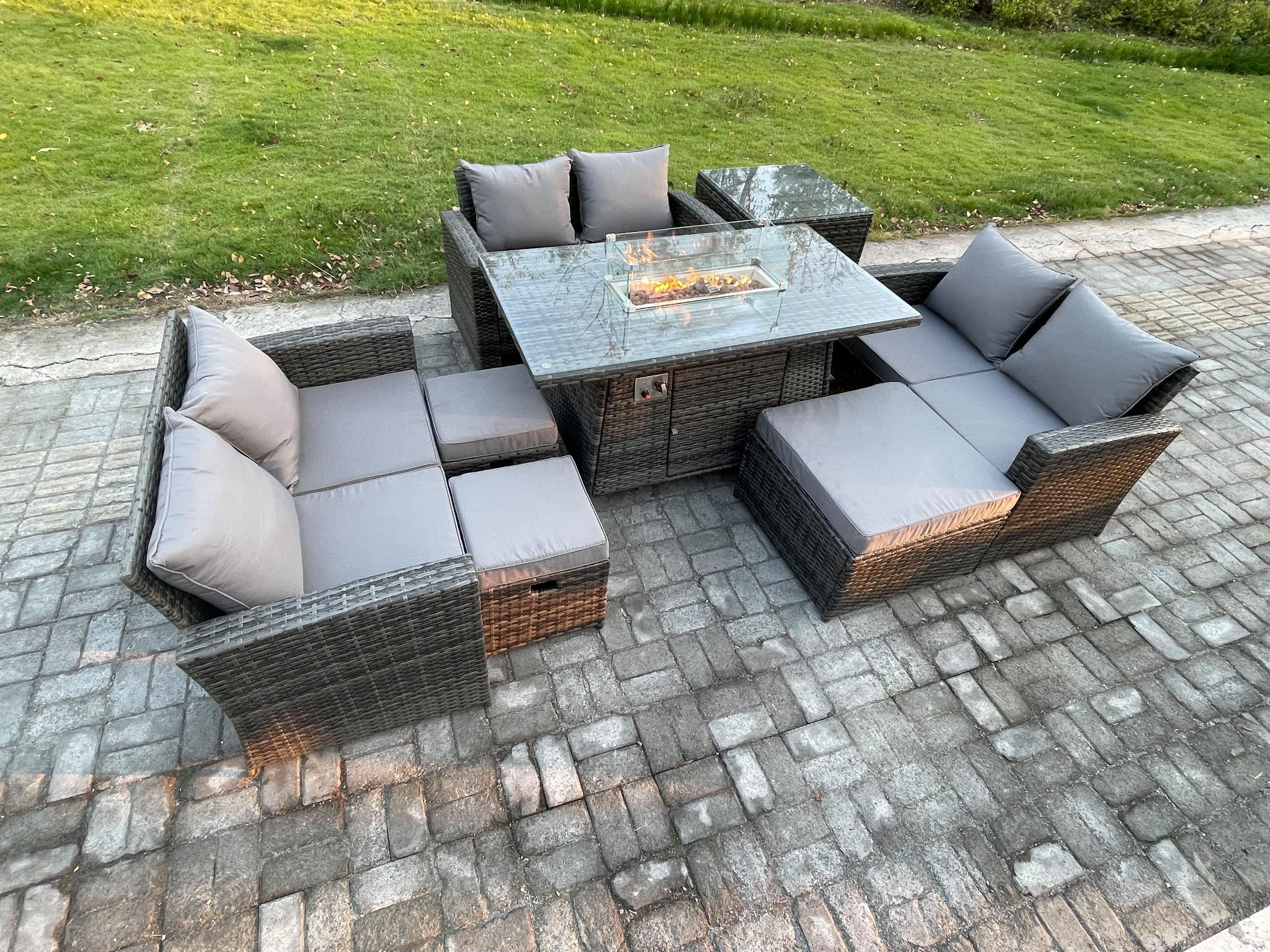 High Back Rattan Garden Furniture Sofa Sets Outdoor Furniture Gas Firepit Dining Table Set Dark Grey Mixed
