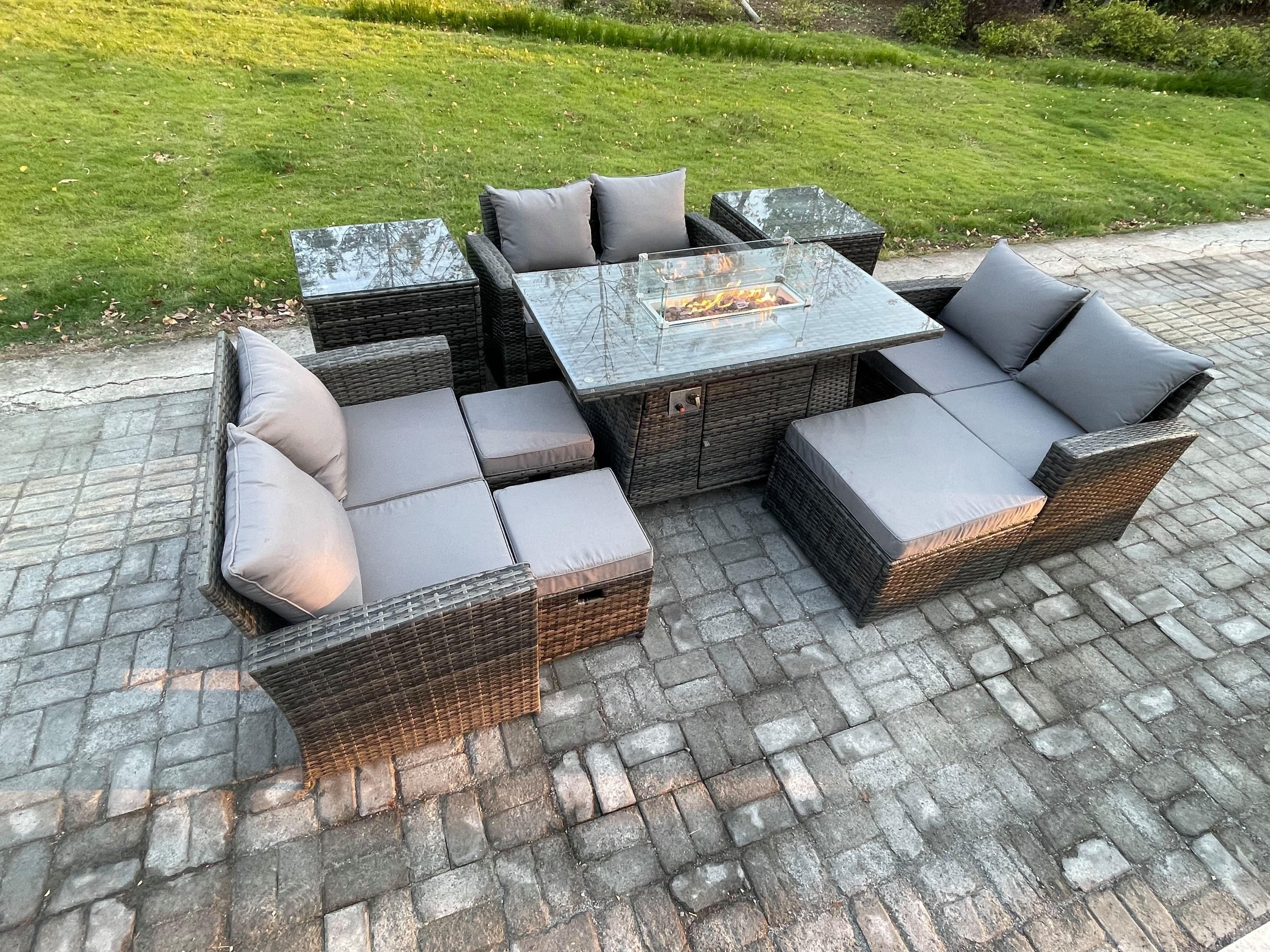 High Back Rattan Garden Furniture Sofa Set Outdoor Furniture Gas Firepit Dining Table Set Dark Grey Mixed