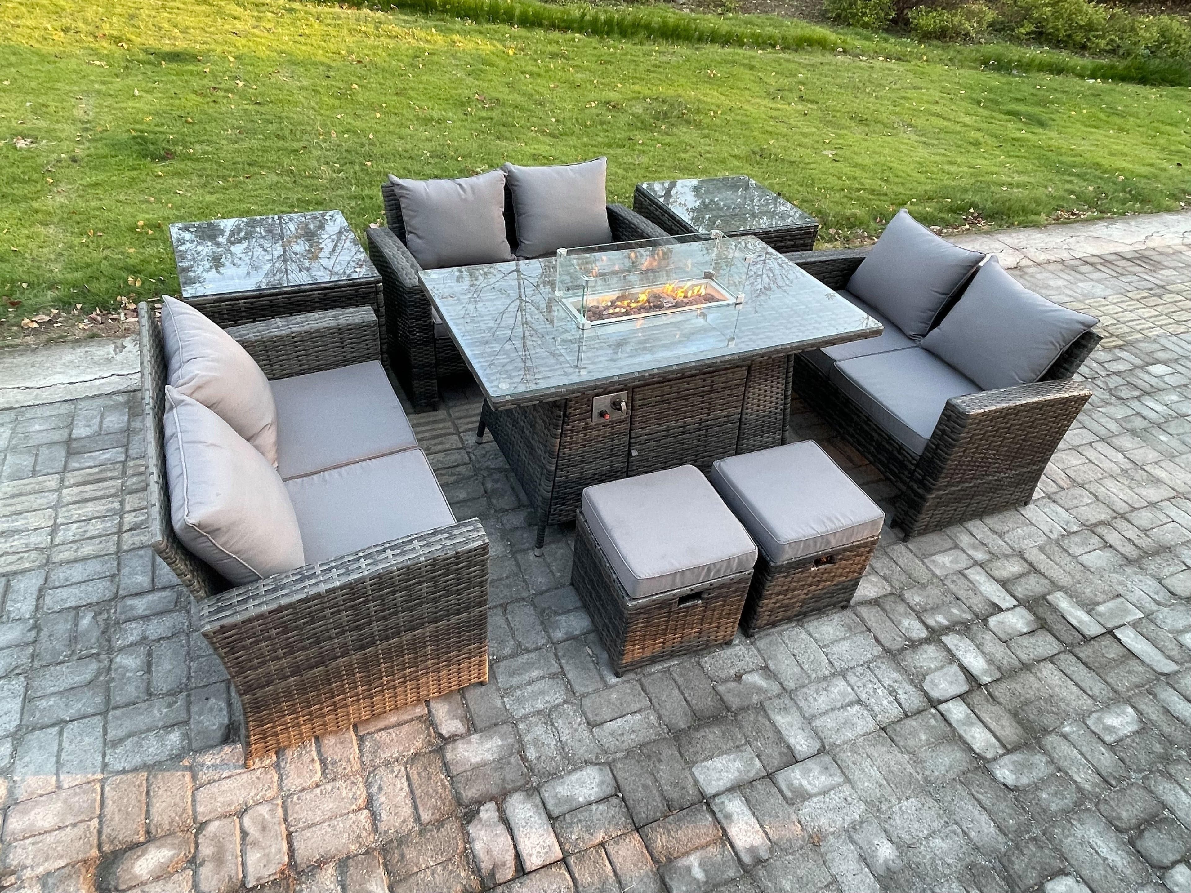 High Back Rattan Garden Furniture Sofa Sets Outdoor Furniture Gas Firepit Dining Table Set 2 Small Footstool