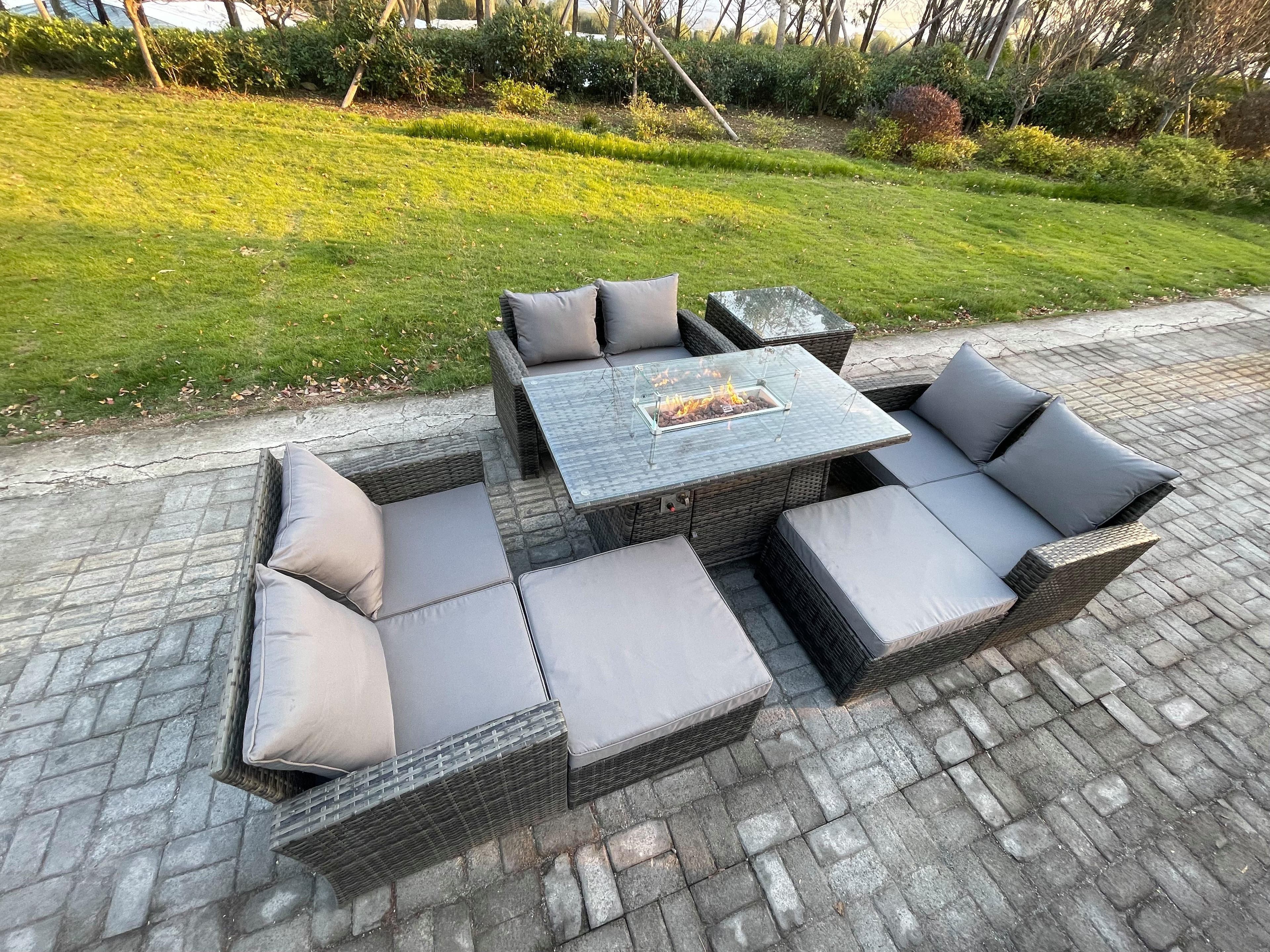 High Back Rattan Garden Furniture Sofa Sets Outdoor Furniture Gas Firepit Dining Table Set 2 Big Footstool