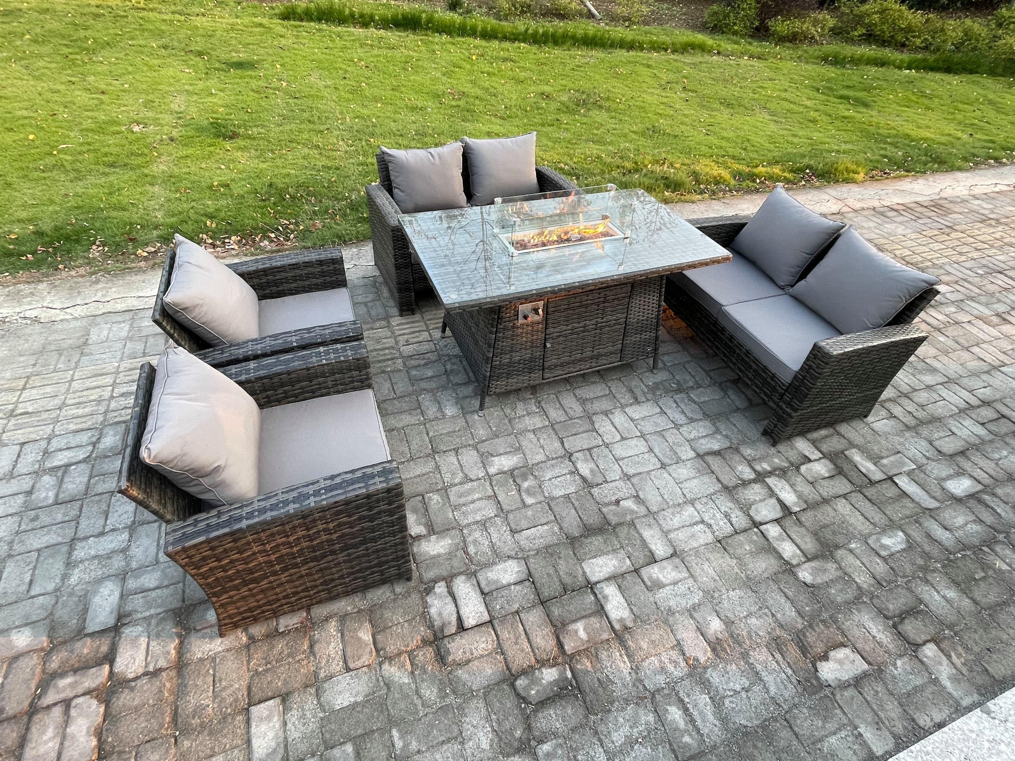 Wicker PE Rattan Garden Furniture Sets 6 Seater Patio Outdoor Gas Firepit Dining Table Heater Set Double Seat Sofa