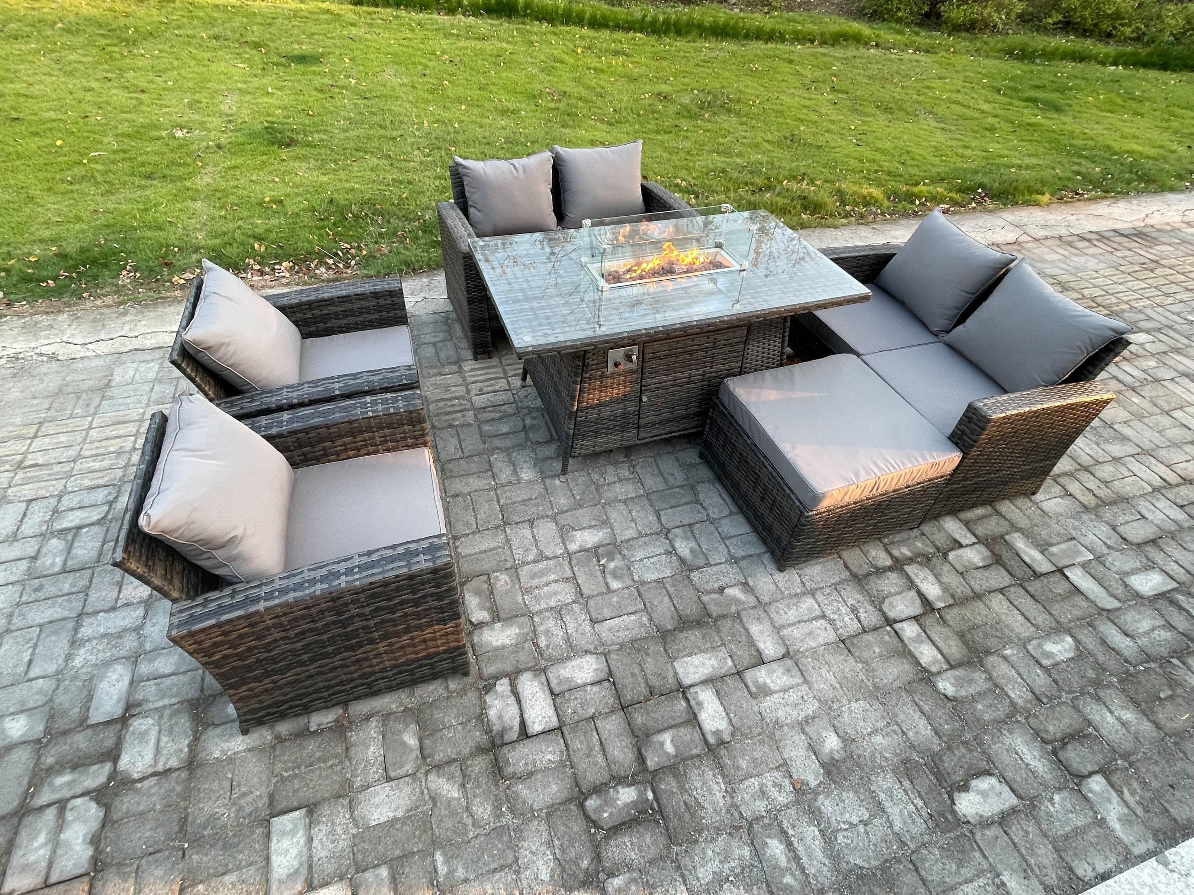 Wicker PE Rattan Garden Furniture Sets 7 Seater Patio Outdoor Gas Firepit Dining Table Heater Set Double Seat Sofa