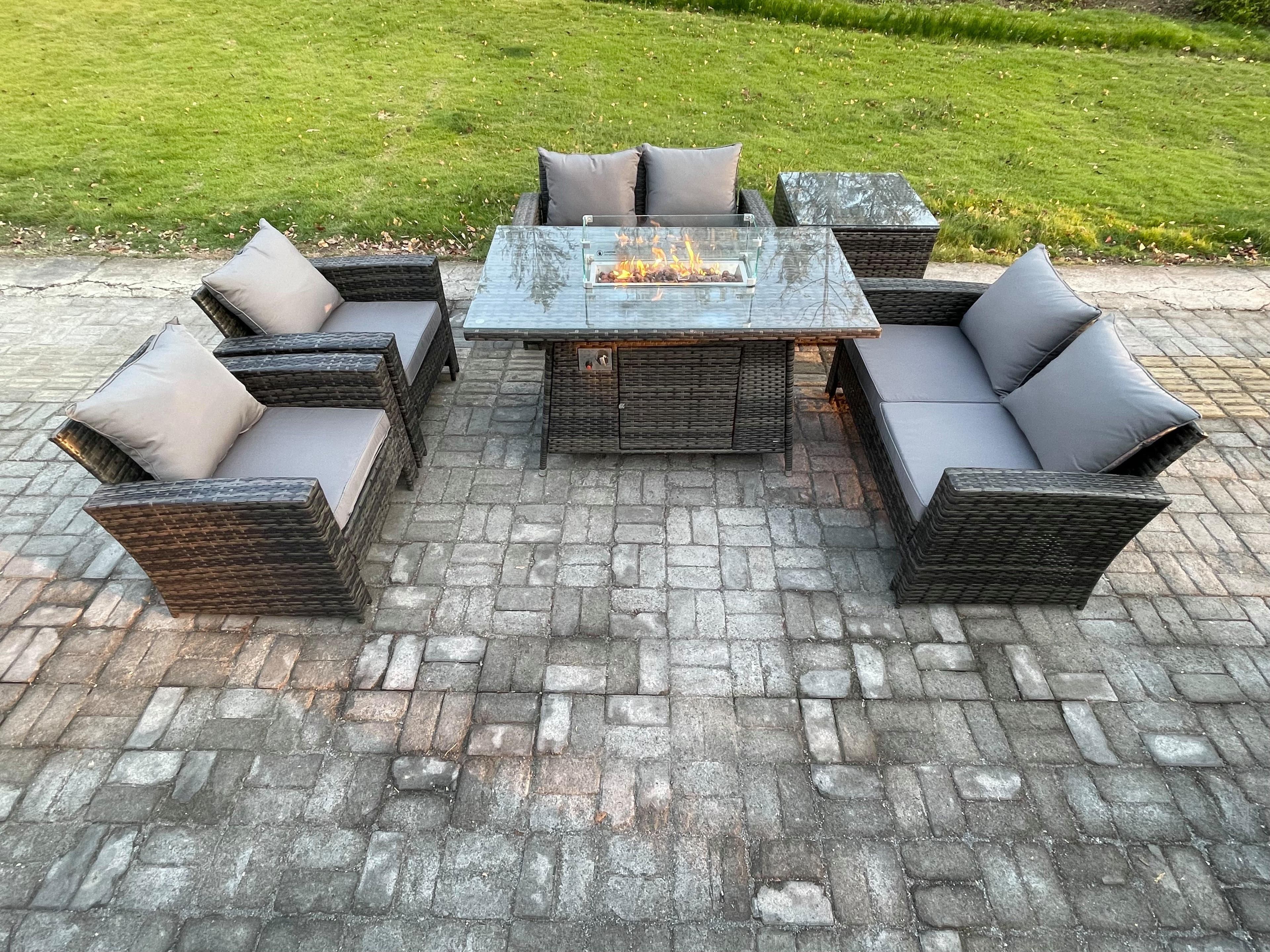 Wicker PE Rattan Garden Furniture Sets 6 Seater Patio Outdoor Gas Firepit Dining Table Heater Set Double Seat Sofa