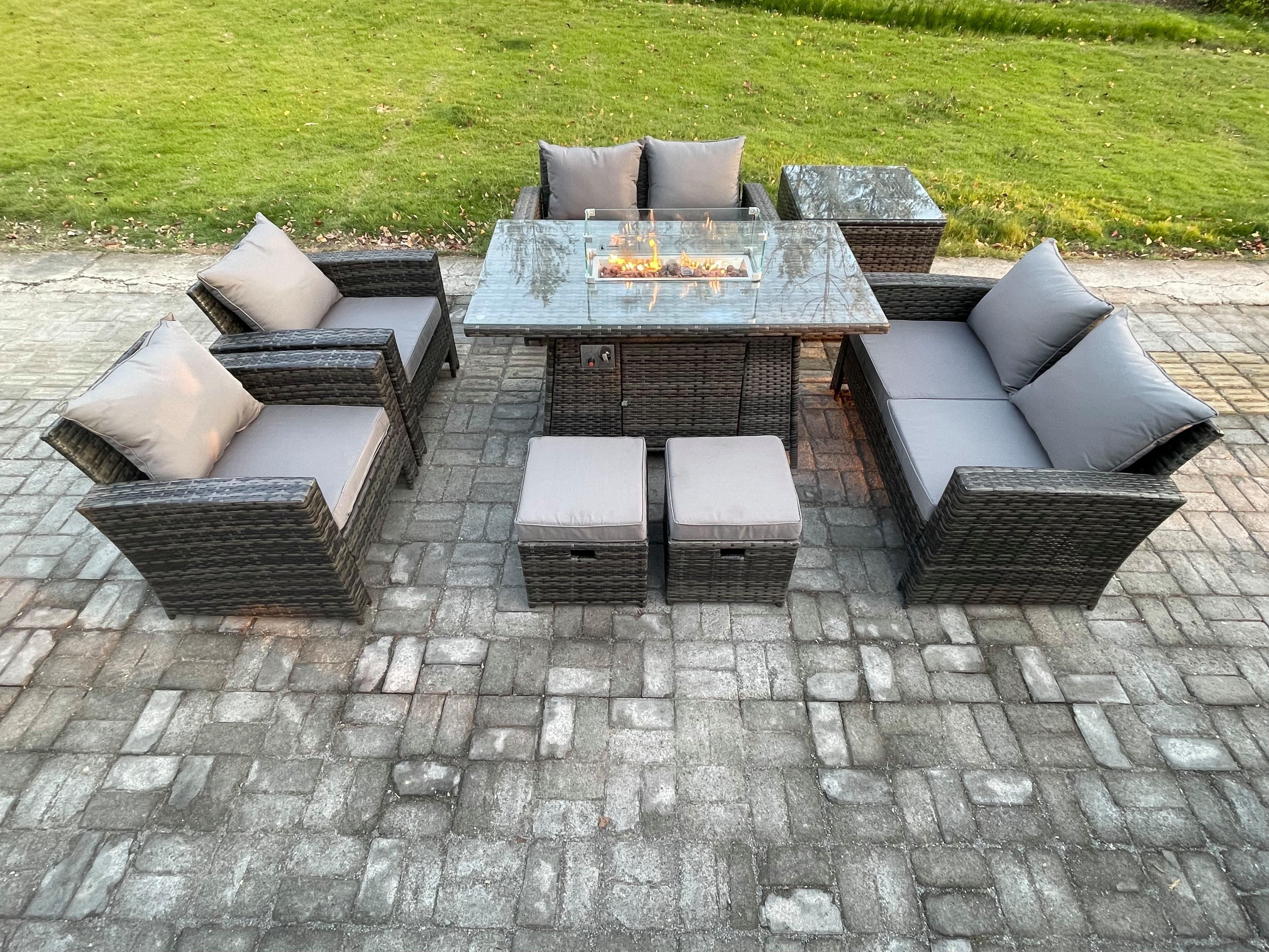 Wicker PE Rattan Garden Furniture Sets 8 Seater Patio Outdoor Gas Firepit Dining Table Heater Set Double Seat Sofa