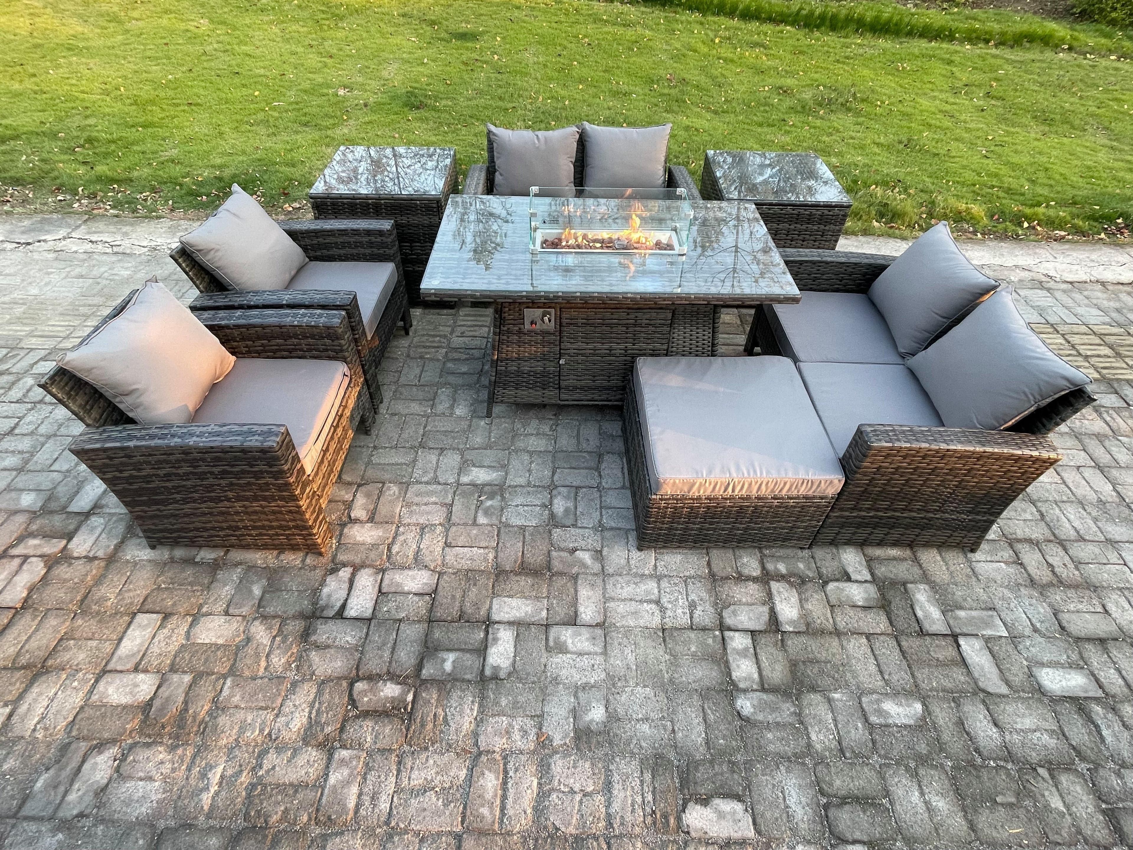 Wicker PE Rattan Garden Furniture Sets Patio Outdoor Gas Firepit Dining Table Heater Set Double Seat Sofa Side Tables