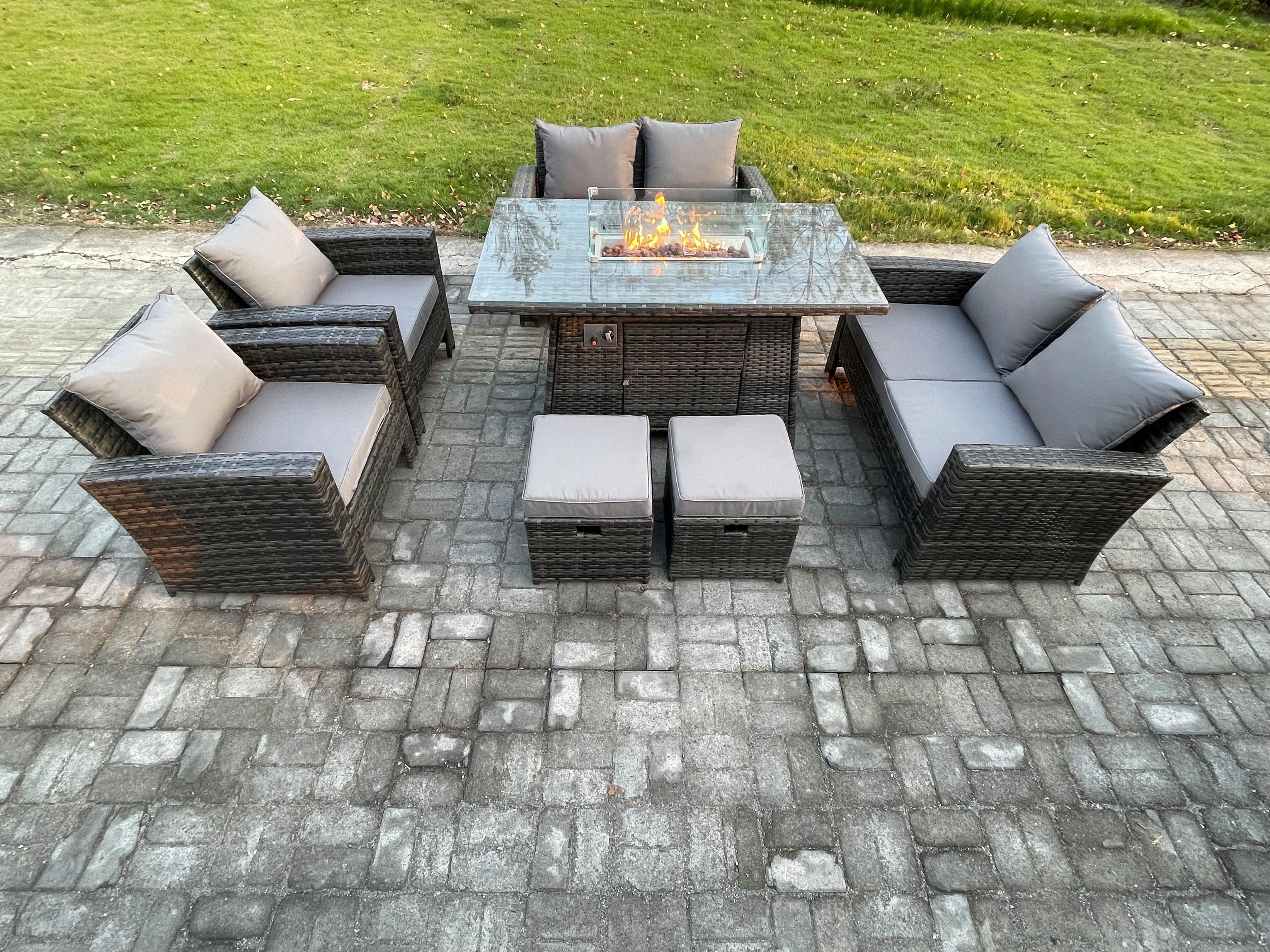 Wicker PE Rattan Garden Furniture Sets Patio Outdoor Gas Firepit Dining Table Heater Set Double Seat Sofa