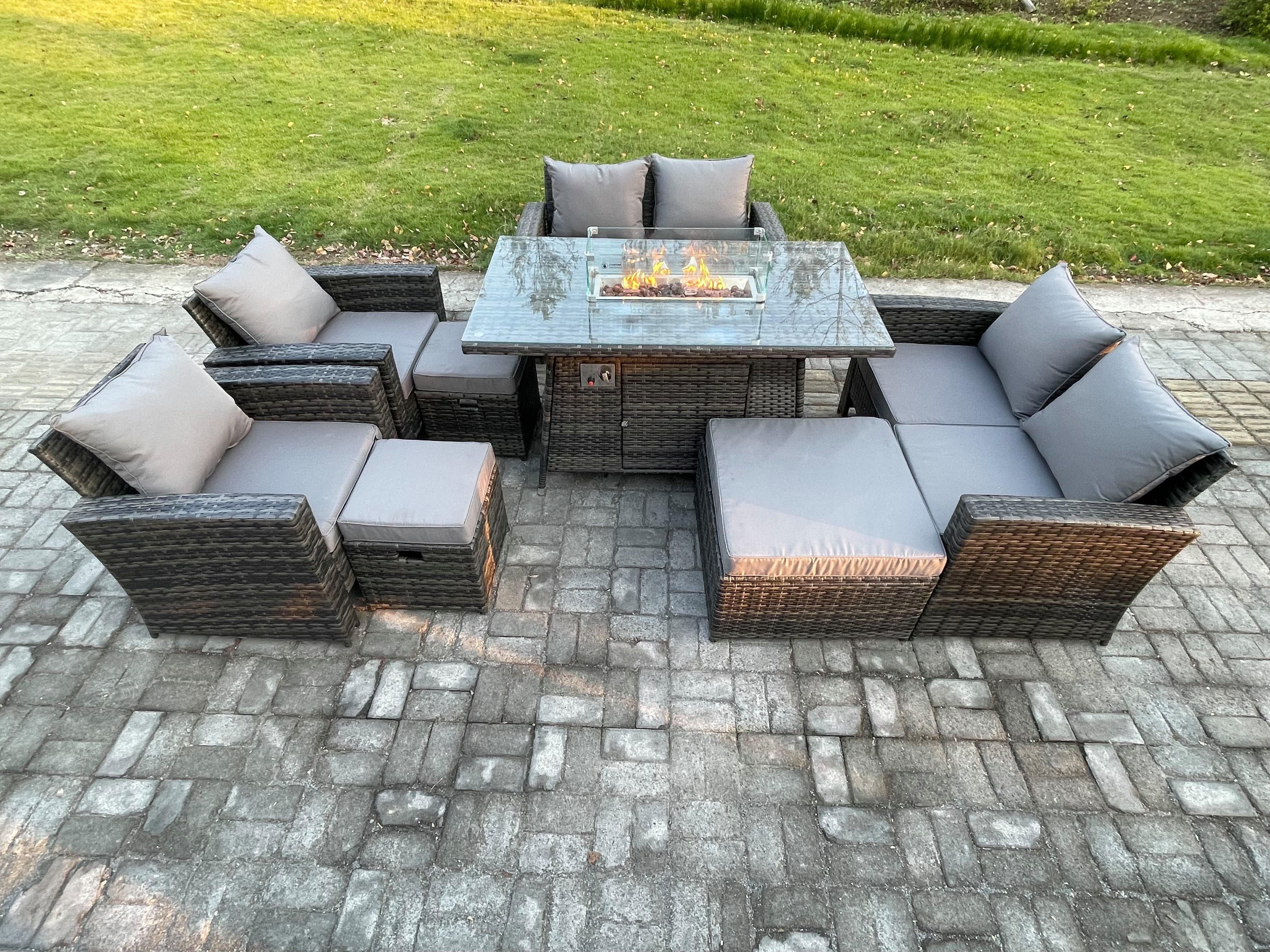 Outdoor Garden Furniture Sets 8 Pieces Wicker Rattan Furniture Gas Firepit Dining Table Sofa Set 3 Footstools