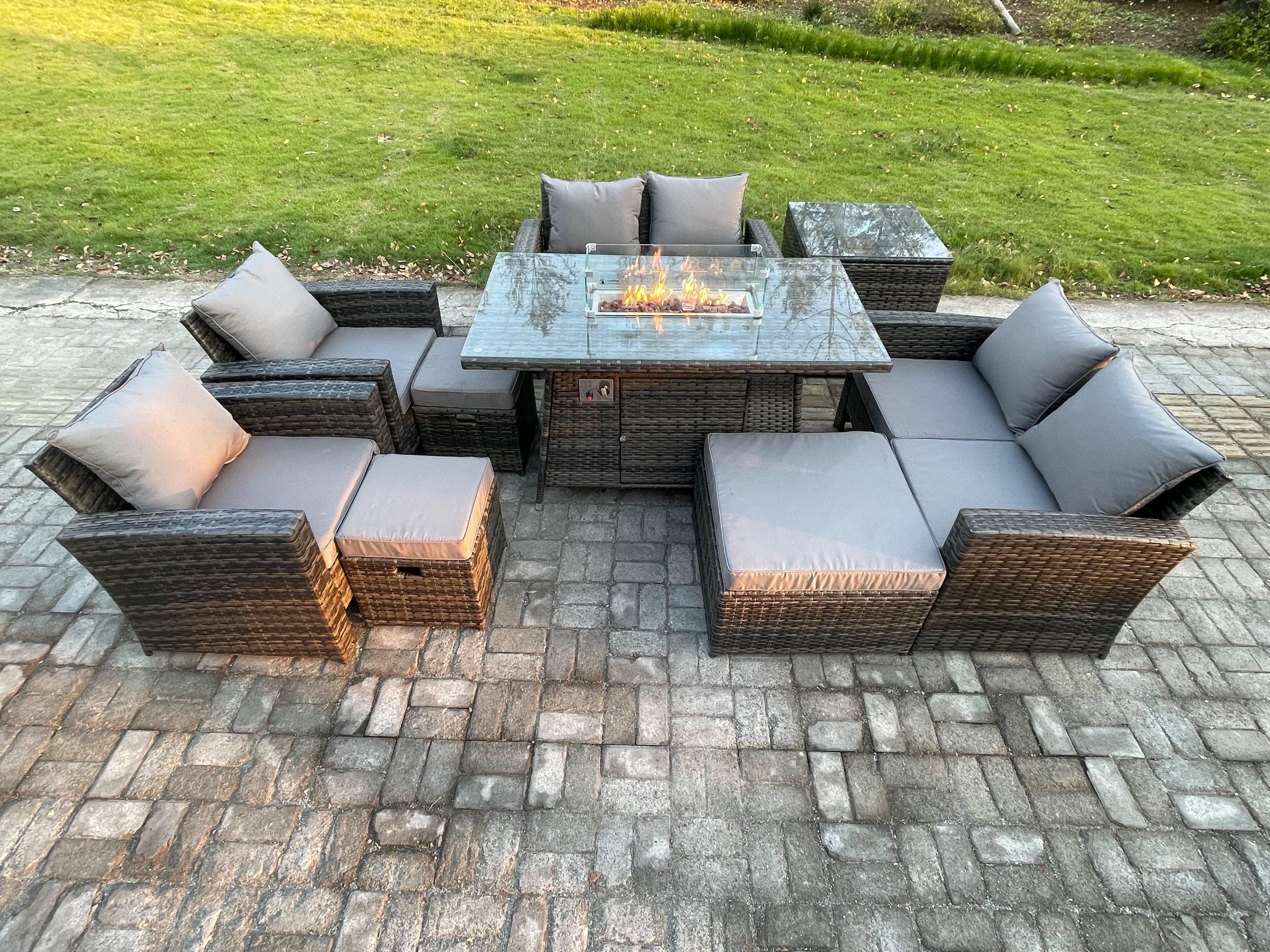 Outdoor Garden Furniture Sets 9 Pieces Wicker Rattan Furniture Gas Firepit Dining Table Sofa Set 3 Footstools