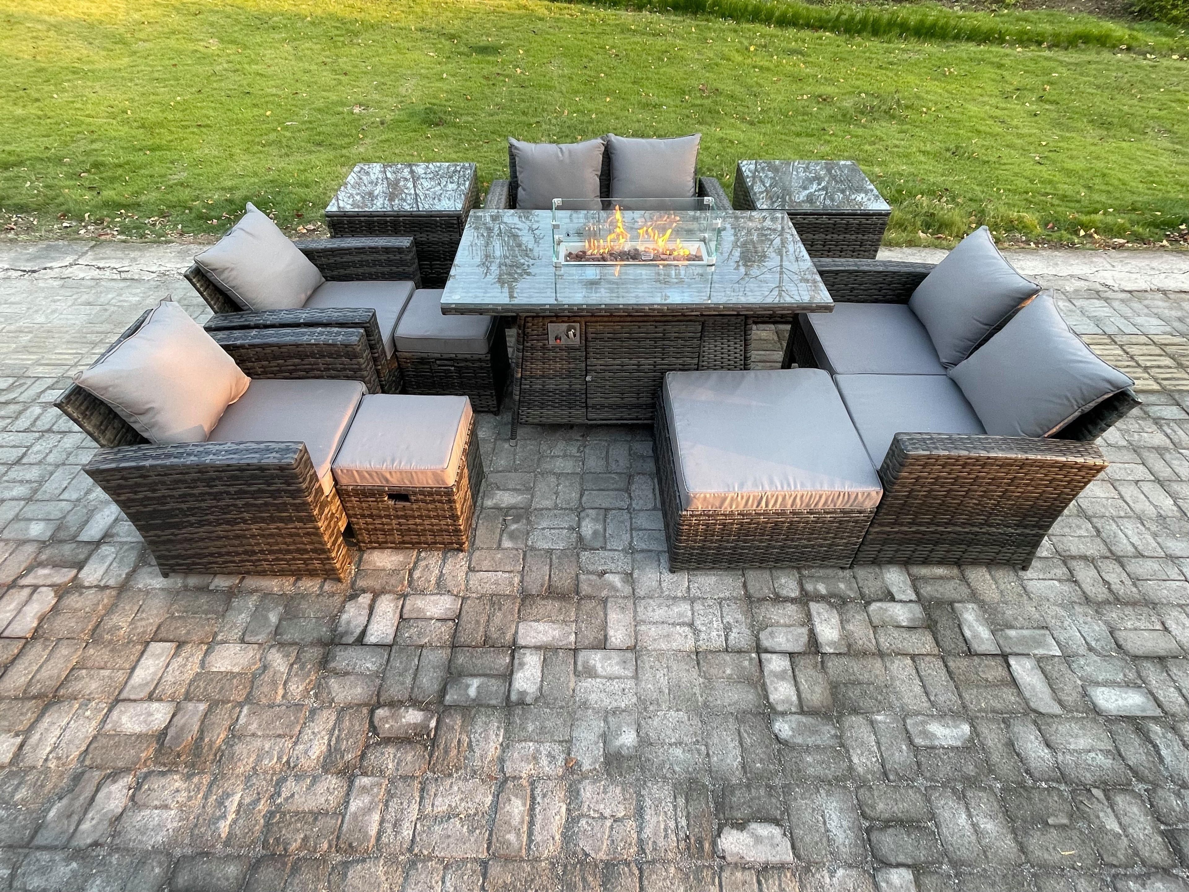 Outdoor Garden Furniture Sets 10 Pieces Wicker Rattan Furniture Gas Firepit Dining Table Sofa Set 3 Footstools