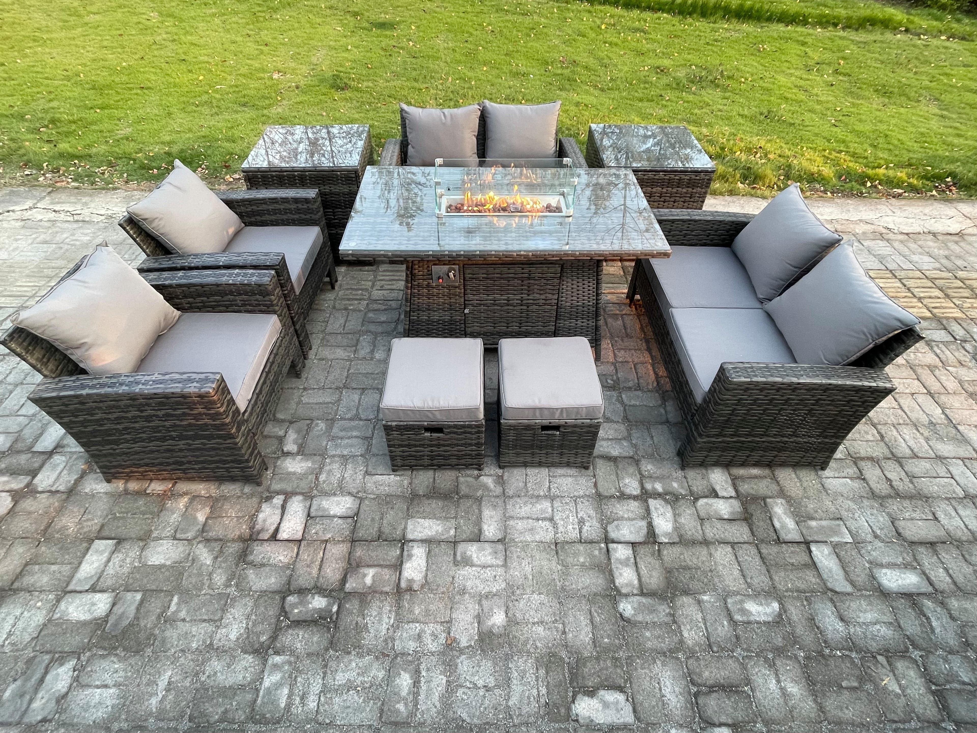 Outdoor Garden Furniture Sets 9 Pieces Wicker Rattan Furniture Gas Firepit Dining Table Sofa Set 2 Small Footstools