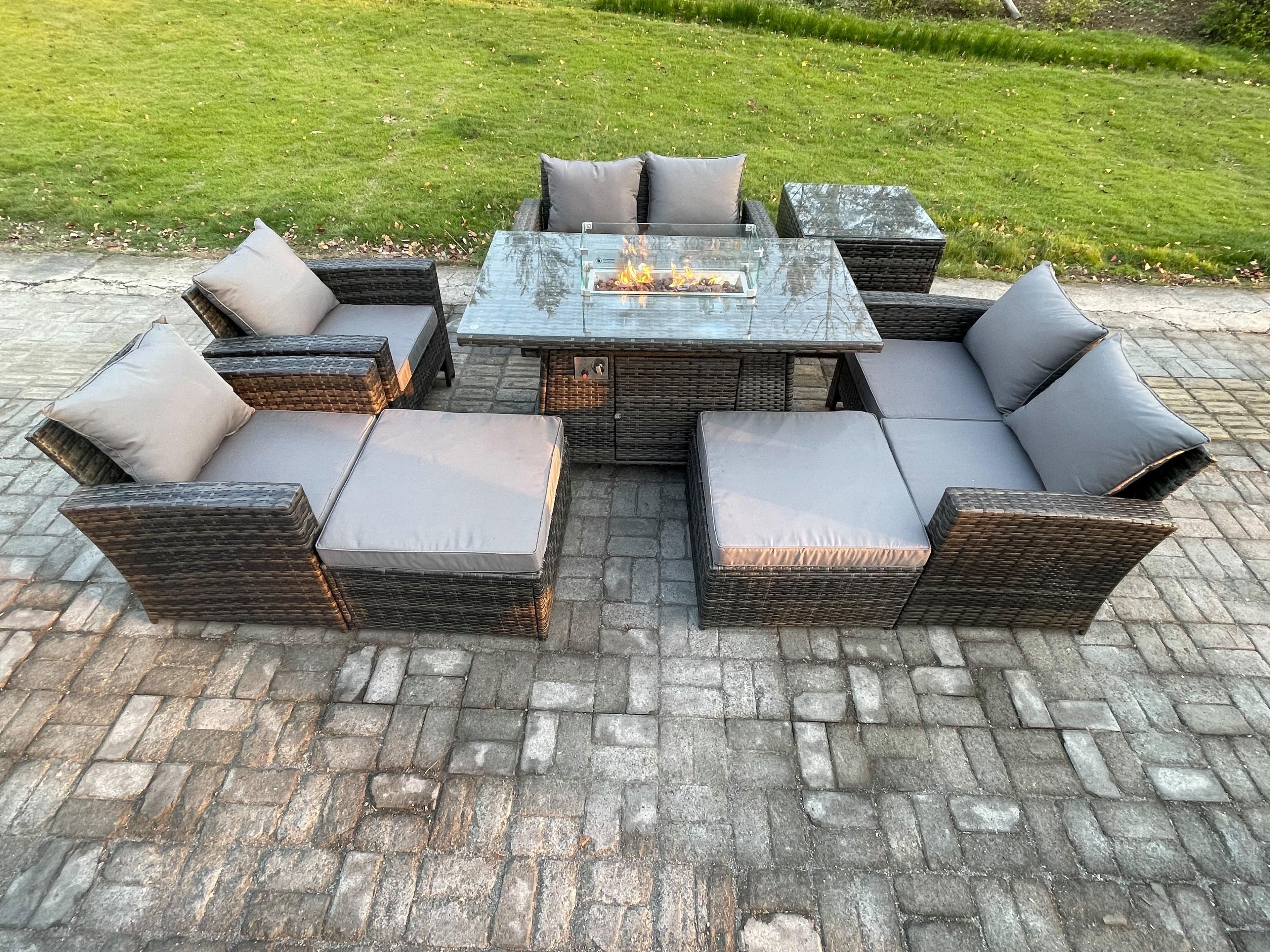 Outdoor Garden Furniture Sets 8 Pieces Wicker Rattan Furniture Gas Firepit Dining Table Sofa Set 2 Big Footstool Side Table
