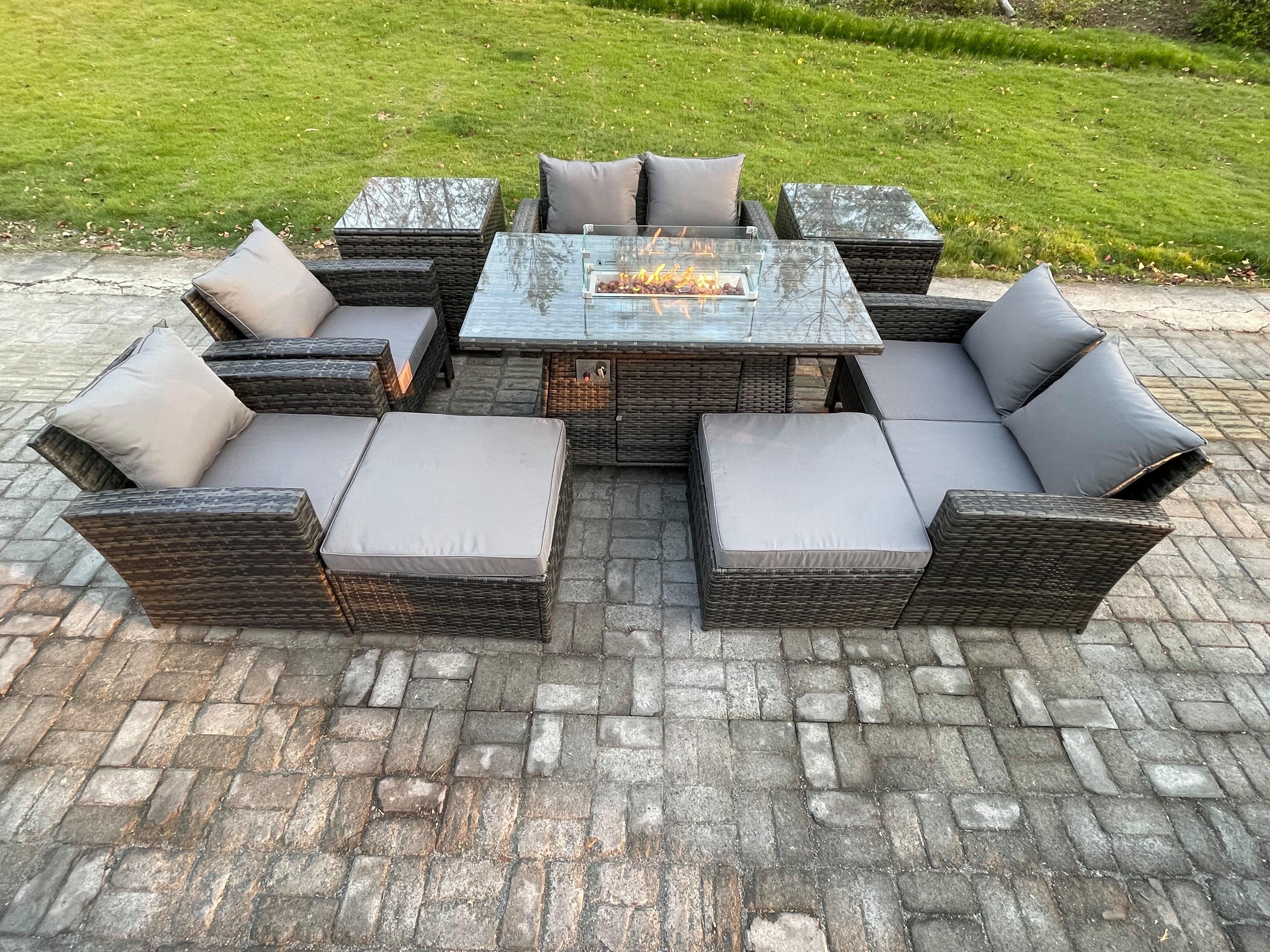 Outdoor Garden Furniture Sets 9 Pieces Wicker Rattan Furniture Gas Firepit Dining Table Sofa Set 2 Big Footstool 2 Side Tables