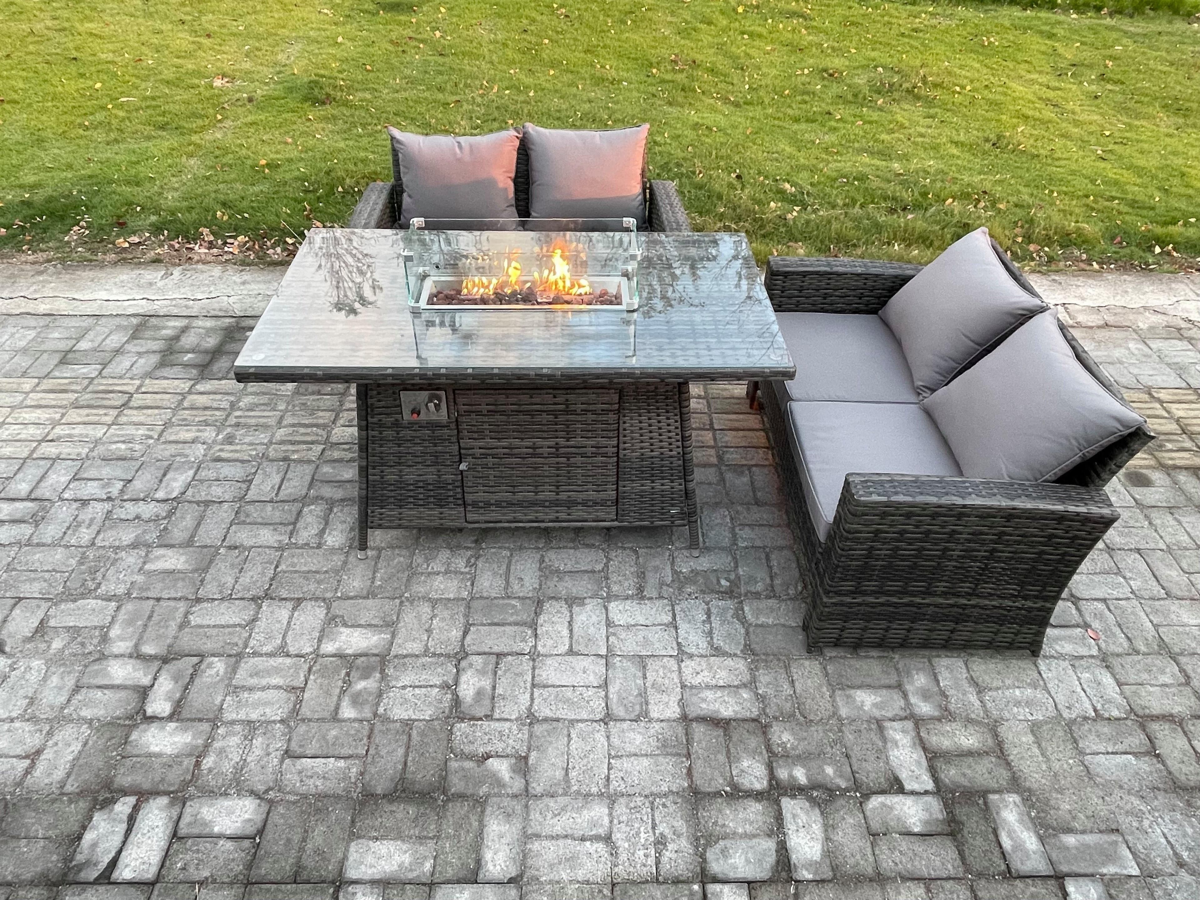 3 Pieces Garden Furniture Sets Poly Rattan Outdoor Patio Gas Firepit Dining Table Sofa Set Garden Backyard Dark Grey Mixed