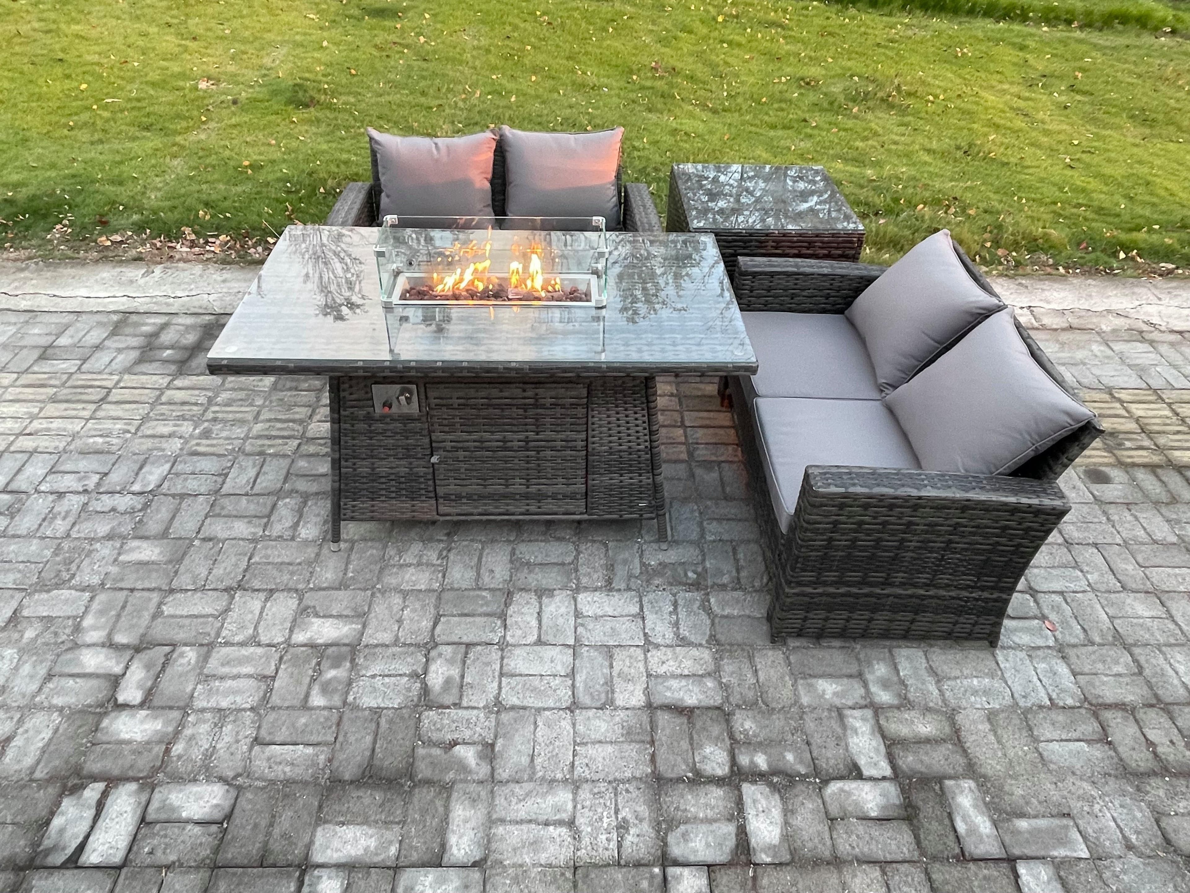 4 Pieces Garden Furniture Sets Poly Rattan Outdoor Patio Gas Firepit Dining Table Sofa Set Garden Backyard Dark Grey Mixed