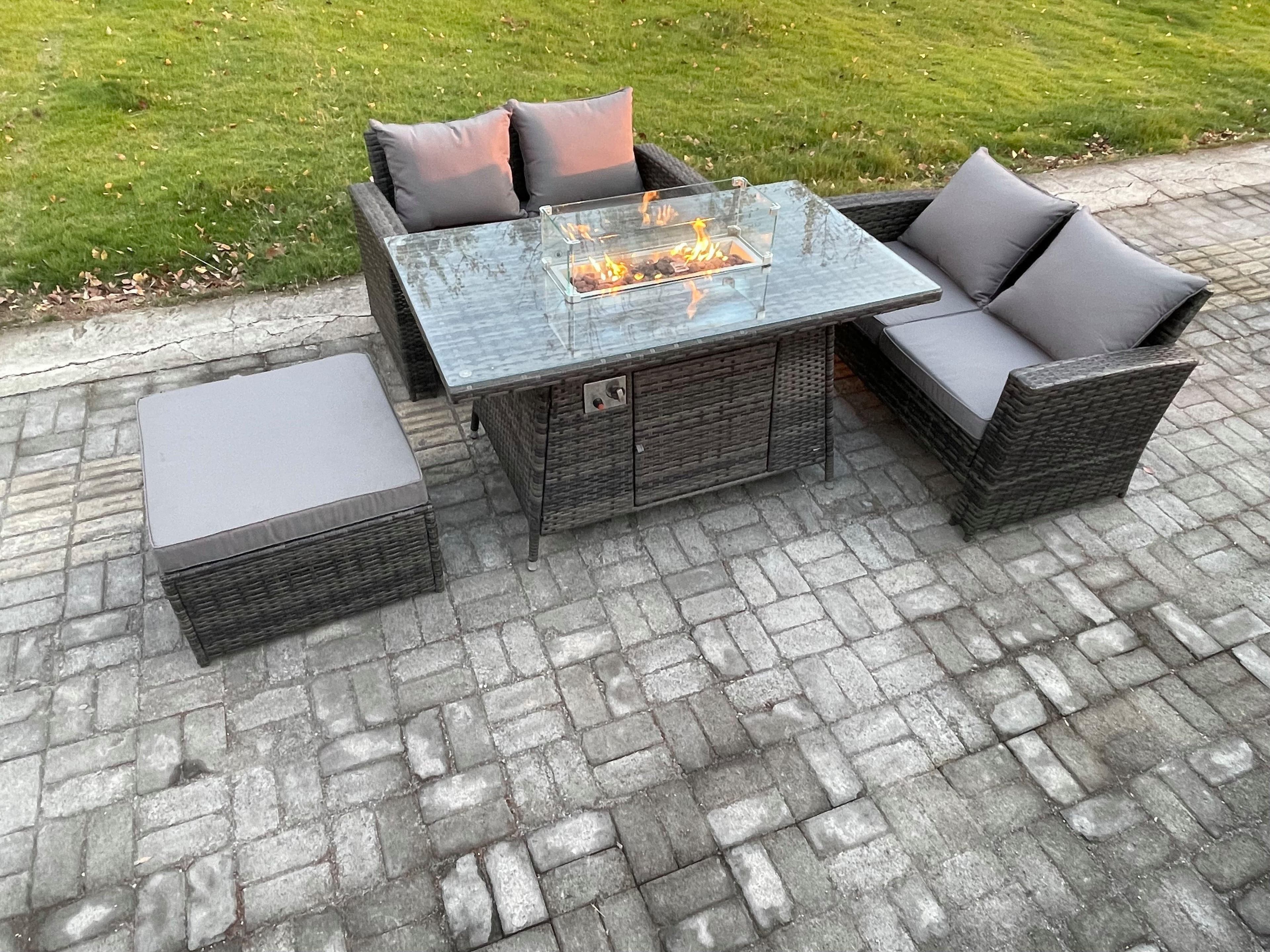 4 Pieces Garden Furniture Sets Poly Rattan Outdoor Patio Gas Firepit Dining Table Sofa Set Big Footstool