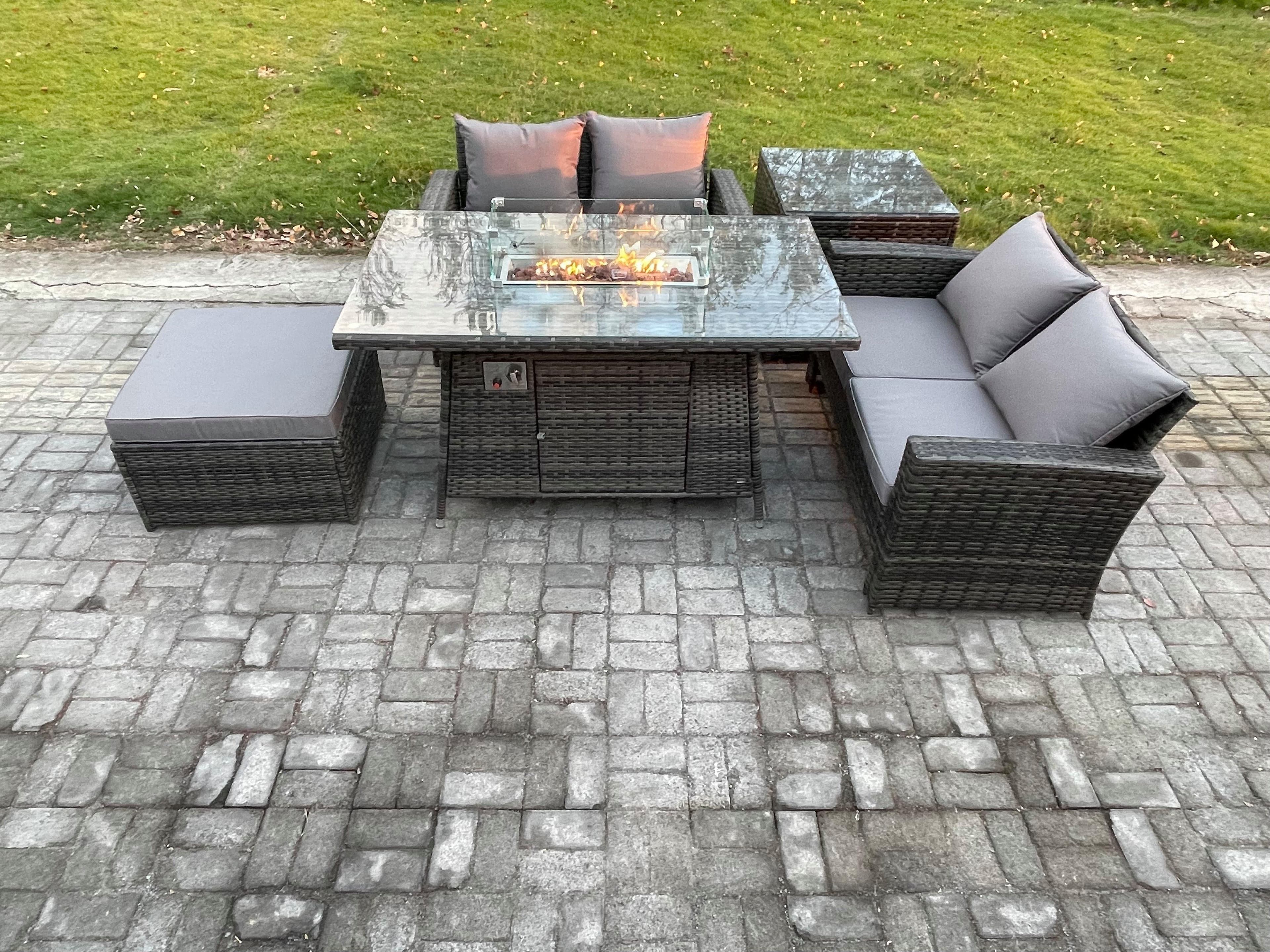 5 Pieces Garden Furniture Sets Poly Rattan Outdoor Patio Gas Firepit Dining Table Sofa Set Side Table Big Footstool