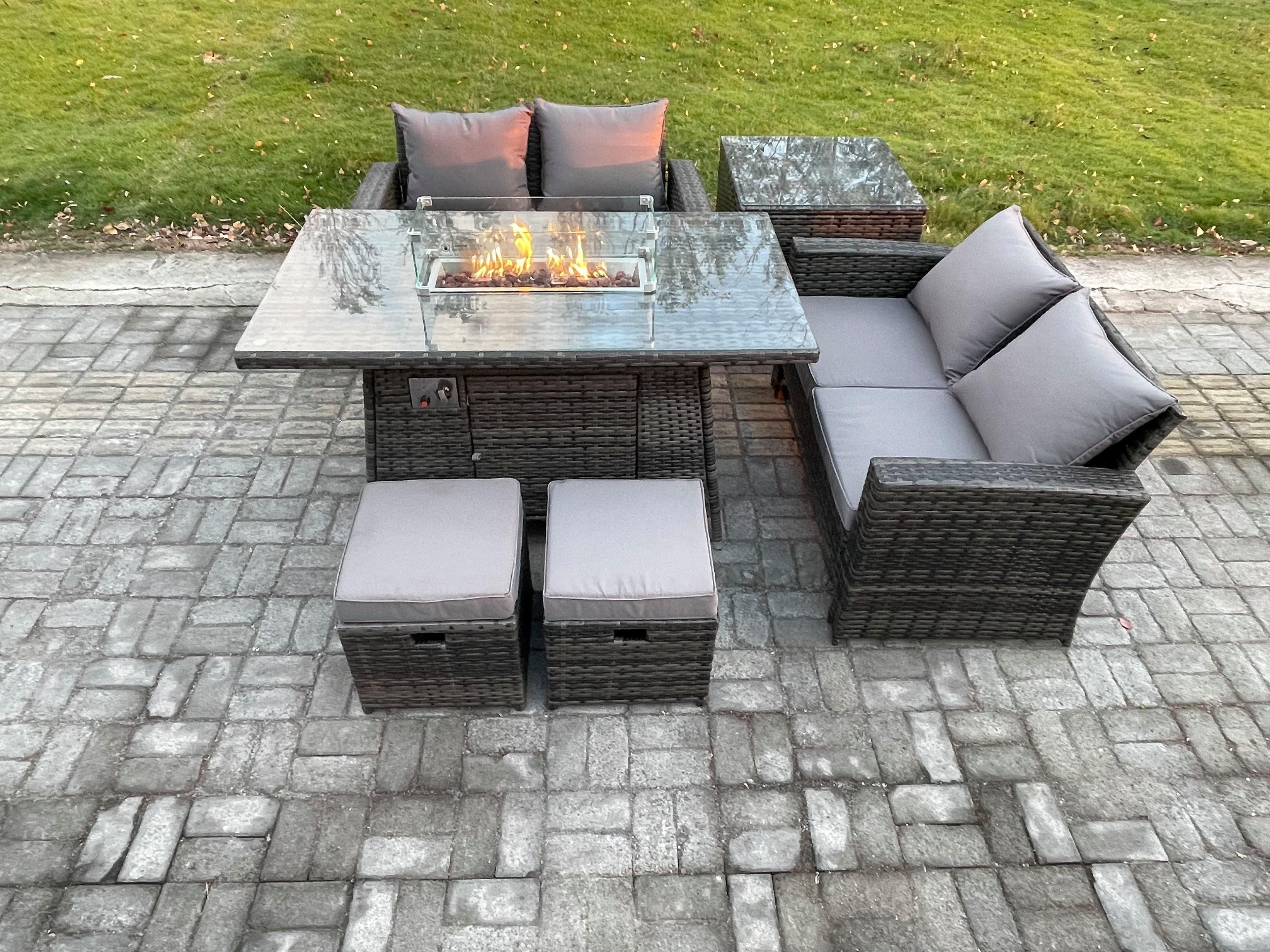 6 Pieces Garden Furniture Sets Poly Rattan Outdoor Patio Gas Firepit Dining Table Sofa Set Side Table 2 Small Footstools