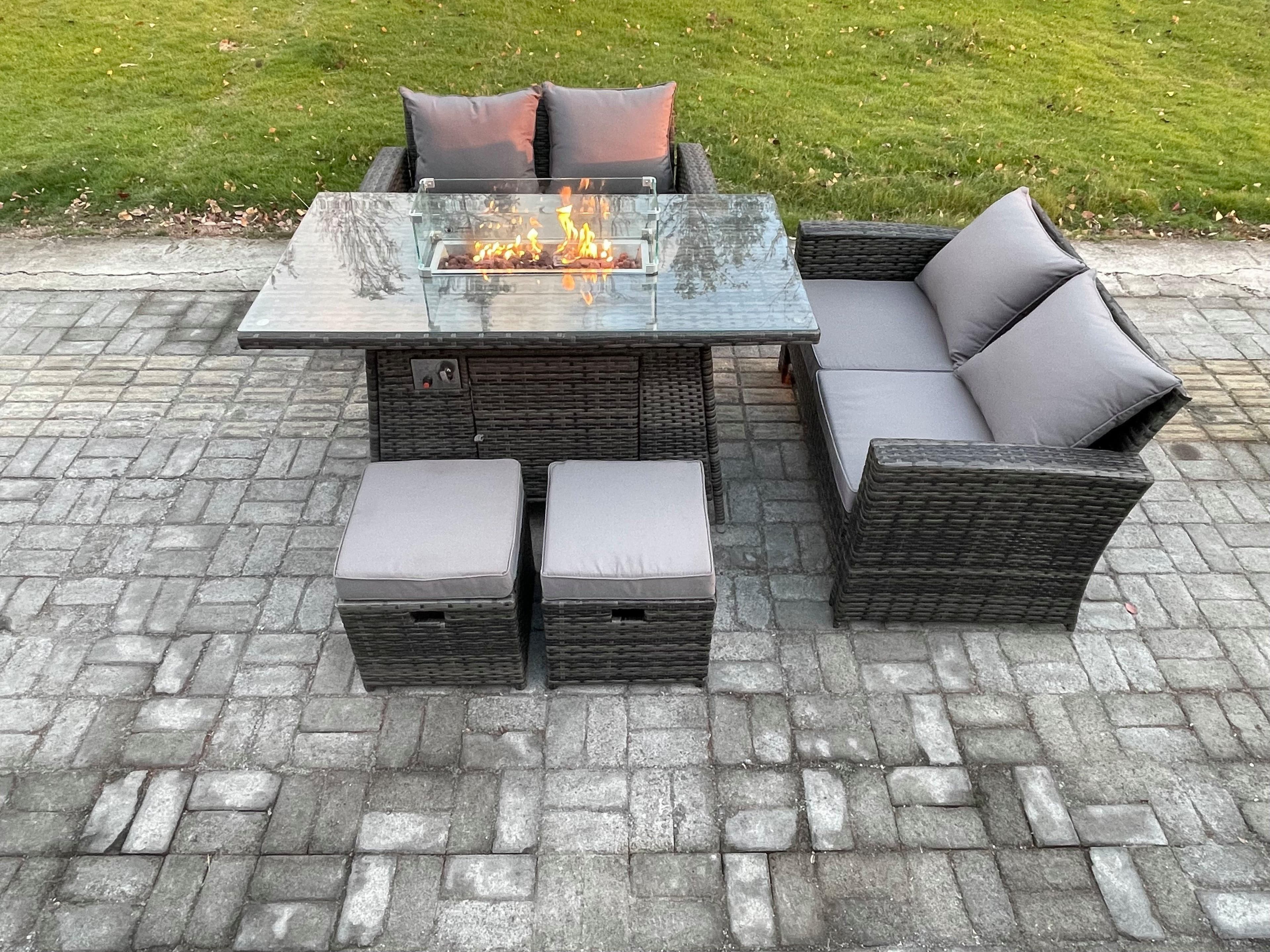 5 Pieces Garden Furniture Sets Poly Rattan Outdoor Patio Gas Firepit Dining Table Sofa Set 2 Small Footstools