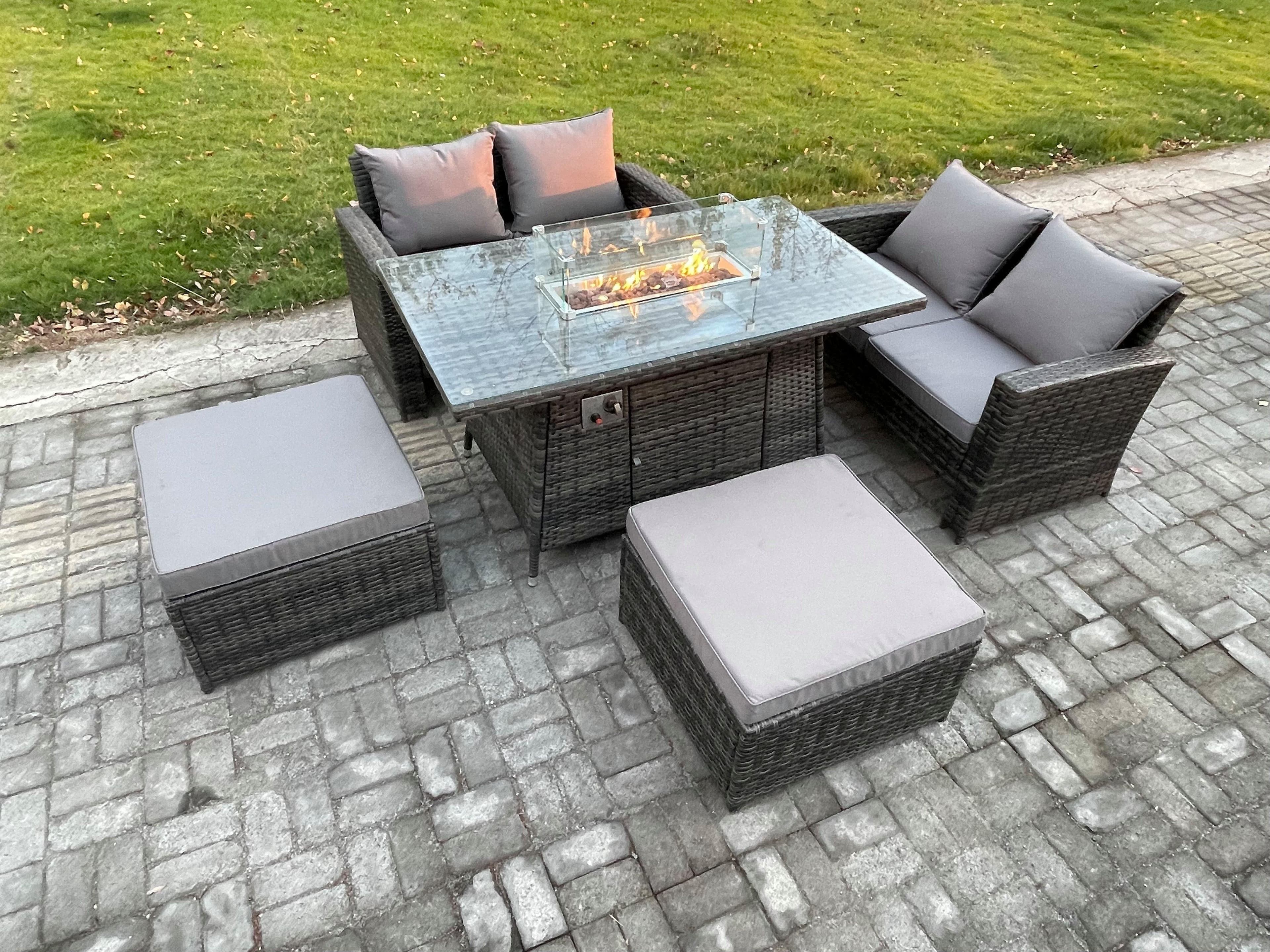 5 Pieces Garden Furniture Sets Poly Rattan Outdoor Patio Gas Firepit Dining Table Sofa Set 2 Big Footstool