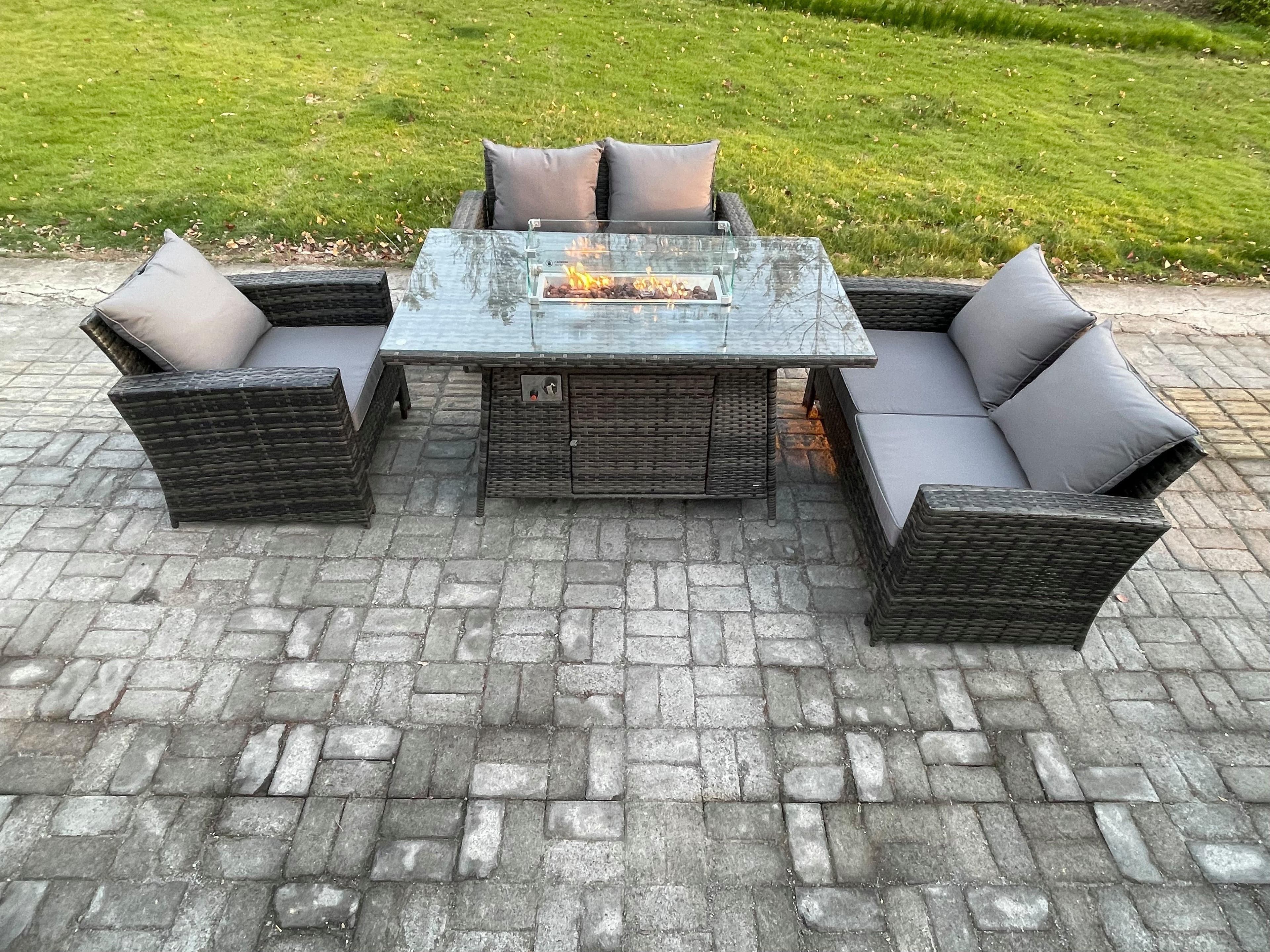 Rattan Outdoor Garden Furniture Gas Fire Pit Table Sets Gas Heater Double Seat Sofa Armchair 5 Seater Dark Mixed
