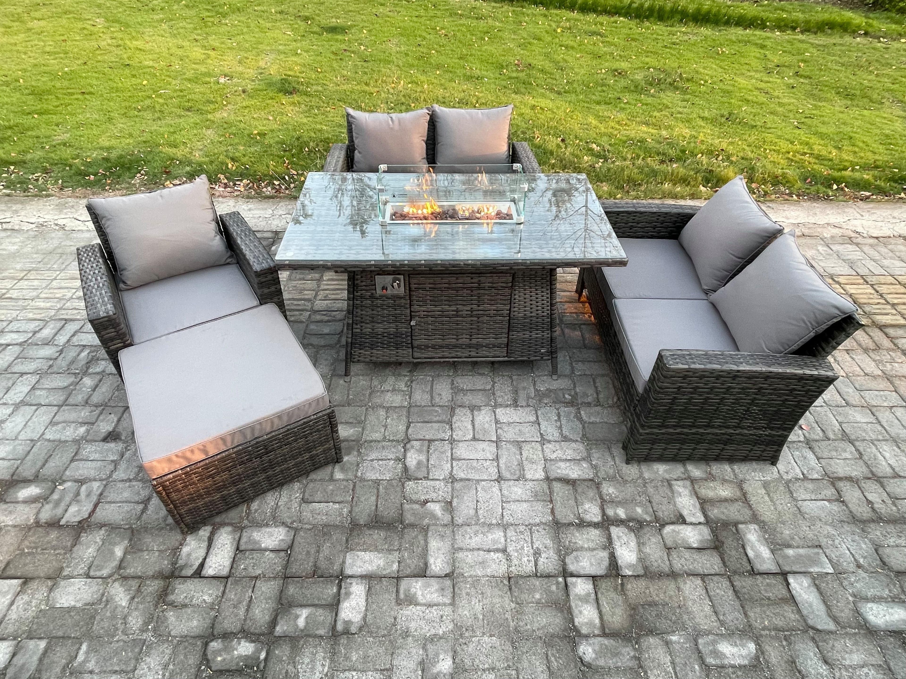 Rattan Outdoor Garden Furniture Gas Fire Pit Table Sets Gas Heater Double Seat Sofa Armchair Big Footstool 6 Seater