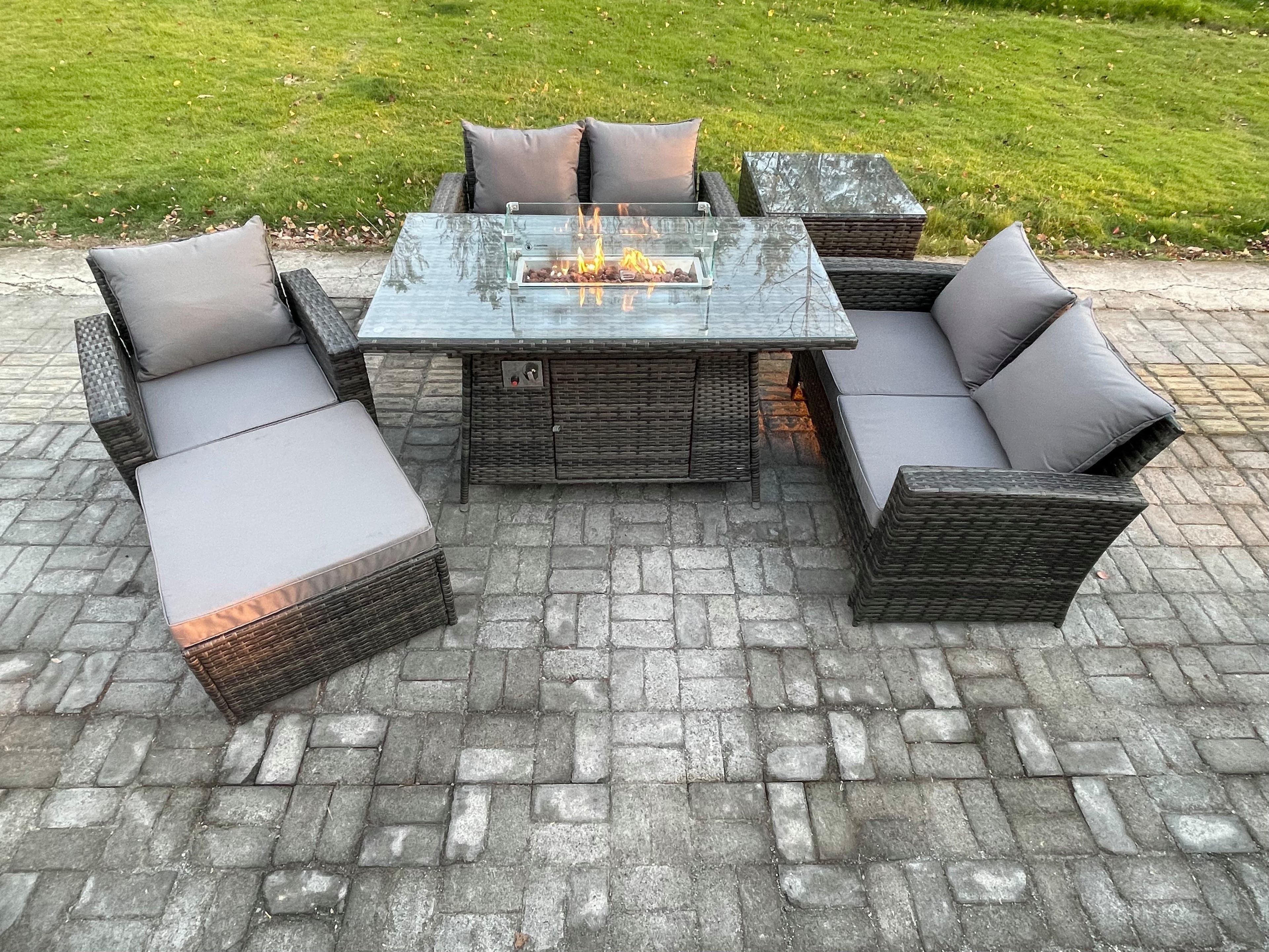 Rattan Outdoor Garden Furniture Gas Fire Pit Table Sets Gas Heater Love Sofa Armchair Big Footstool Side Table 6 Seater
