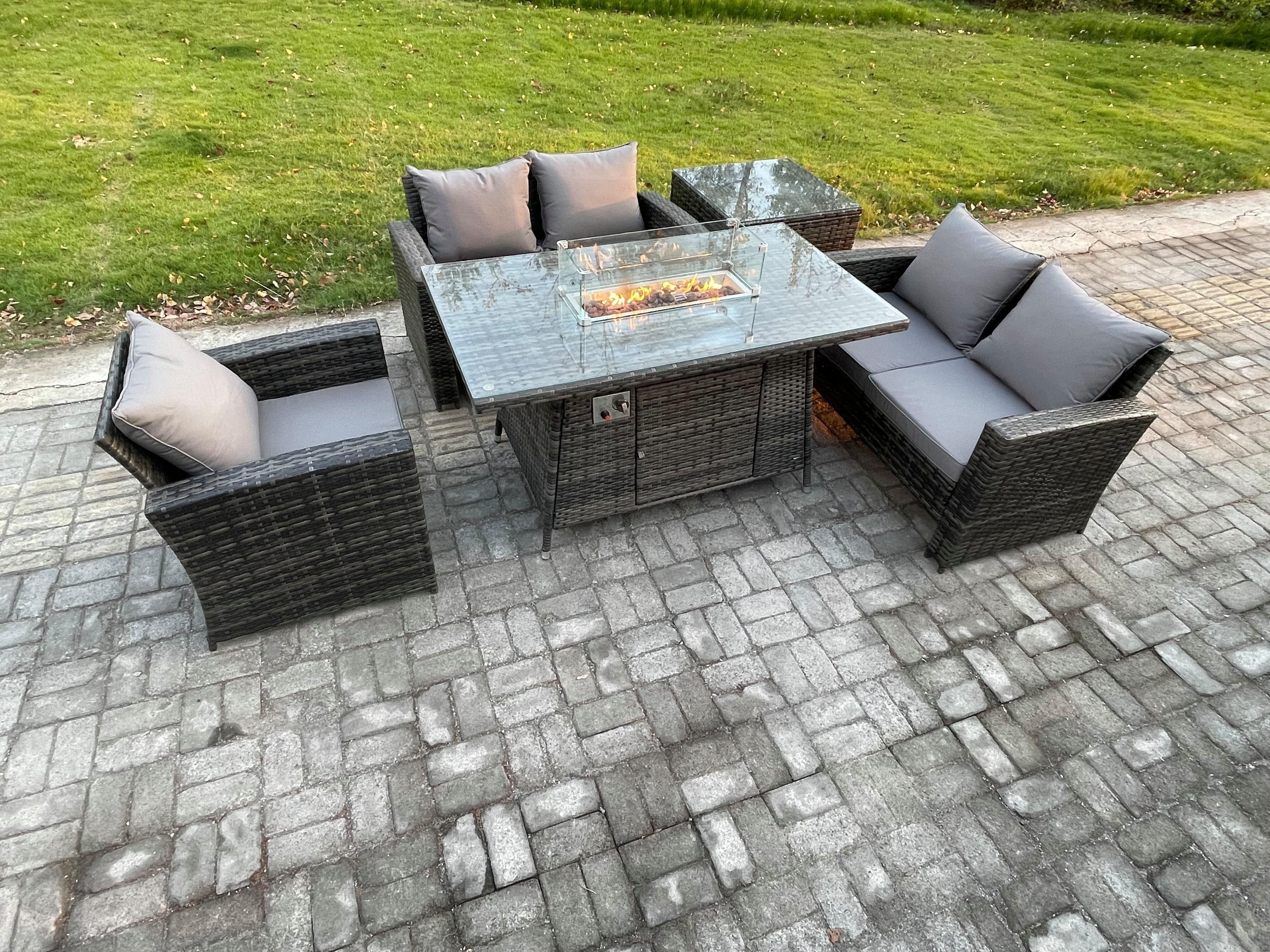 Rattan Outdoor Garden Furniture Gas Fire Pit Table Sets Gas Heater Love Sofa Armchair Side Table 5 Seater
