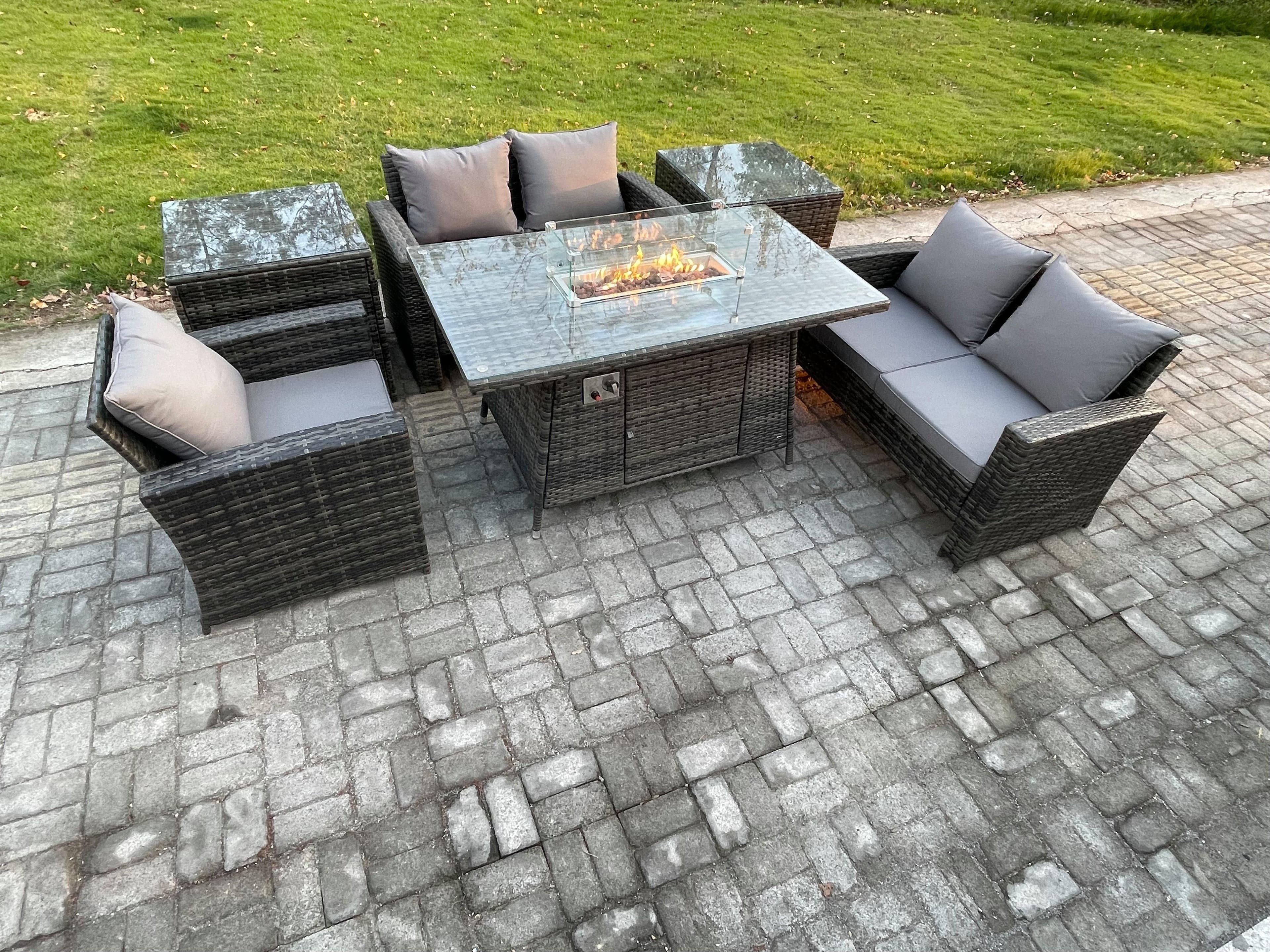 Rattan Outdoor Garden Furniture Gas Fire Pit Table Sets Gas Heater Love Sofa Armchair 2 Side Tables 5 Seater