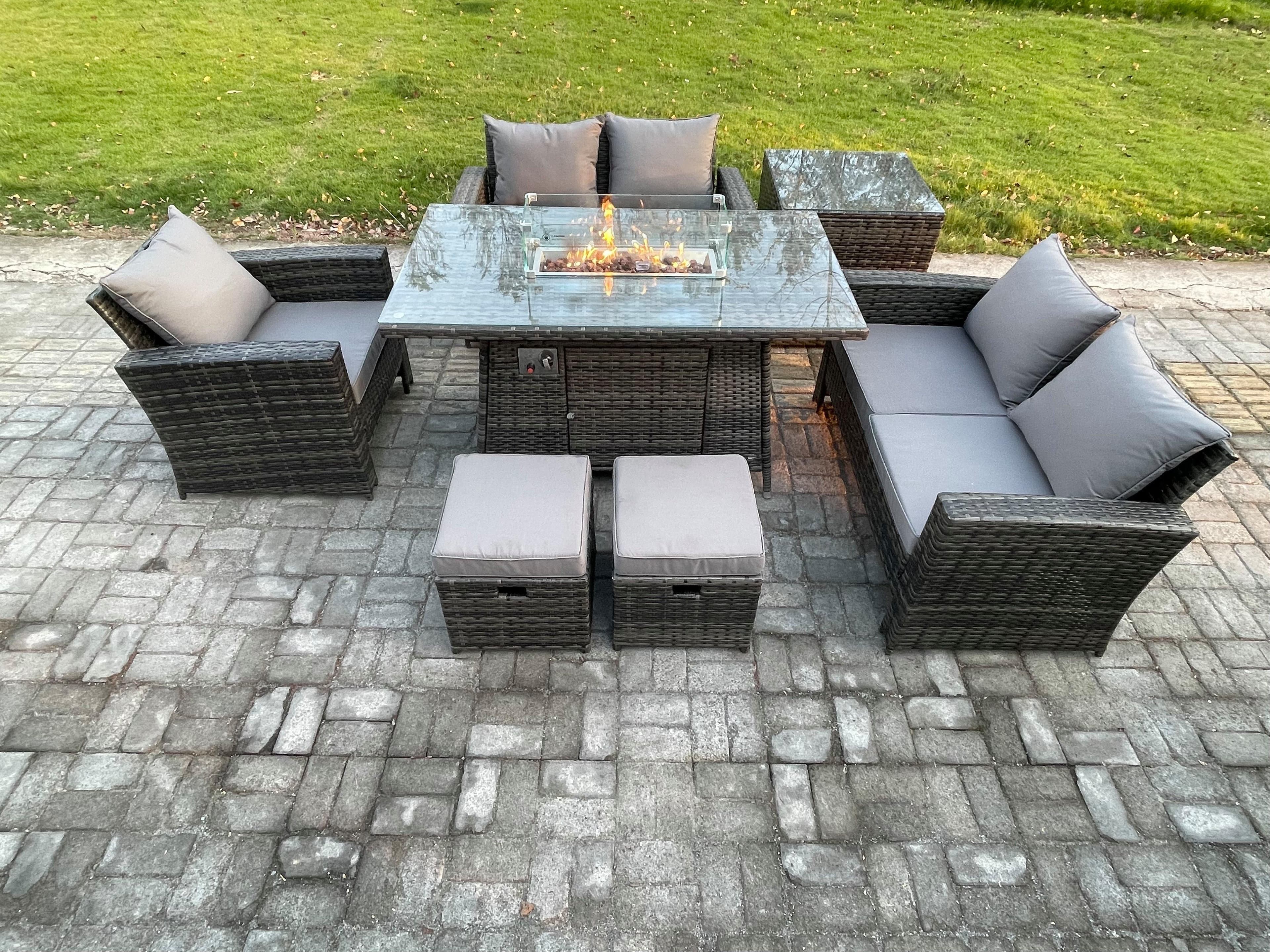 Rattan Outdoor Garden Furniture Gas Fire Pit Table Sets Gas Heater Love Sofa Armchair Side Table 2 Small Footstools 7 Seater
