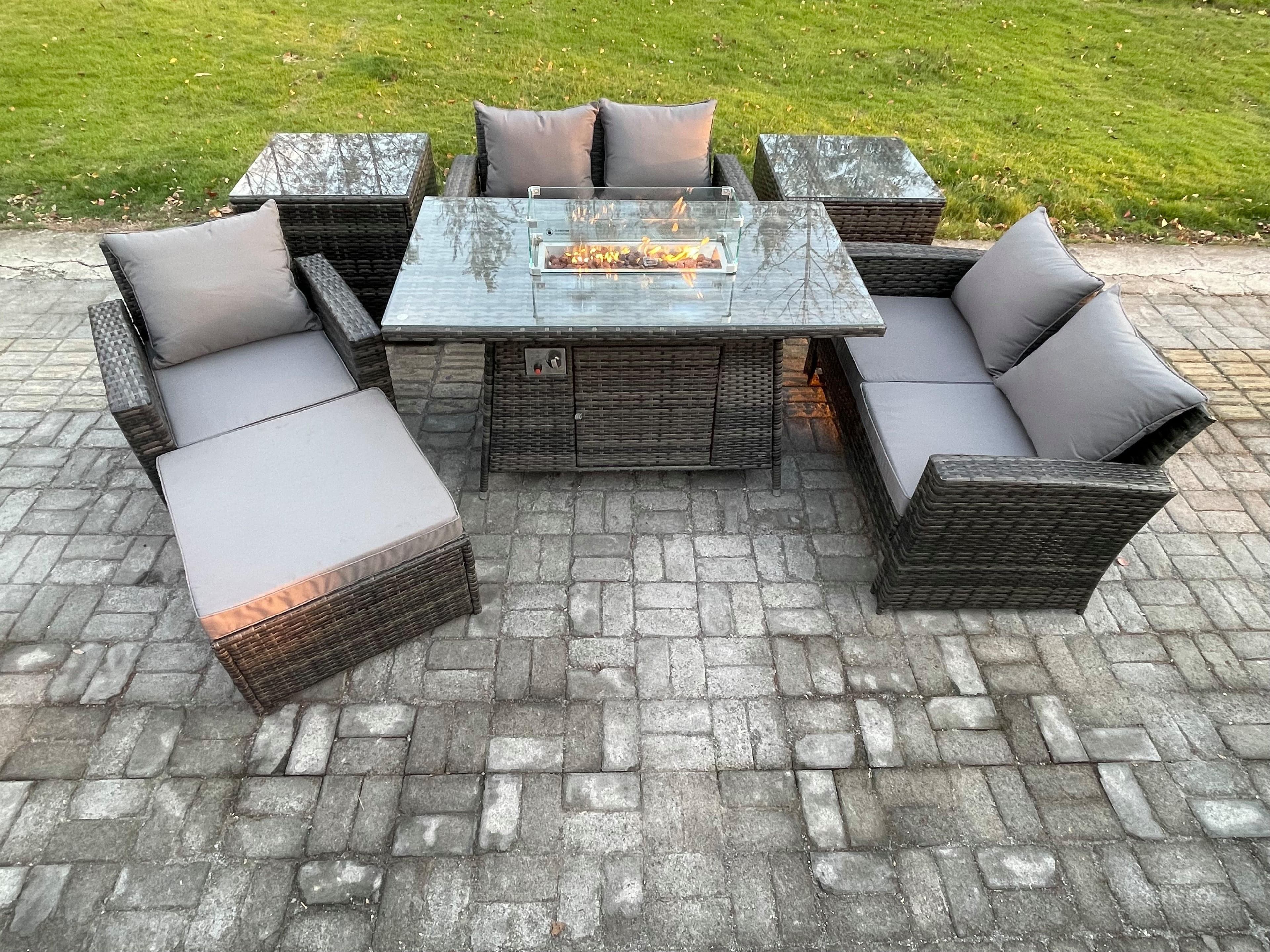 Rattan Outdoor Garden Furniture Gas Fire Pit Table Sets Gas Heater Love Sofa Armchair 2 Side Tables Big Footstool 6 Seater