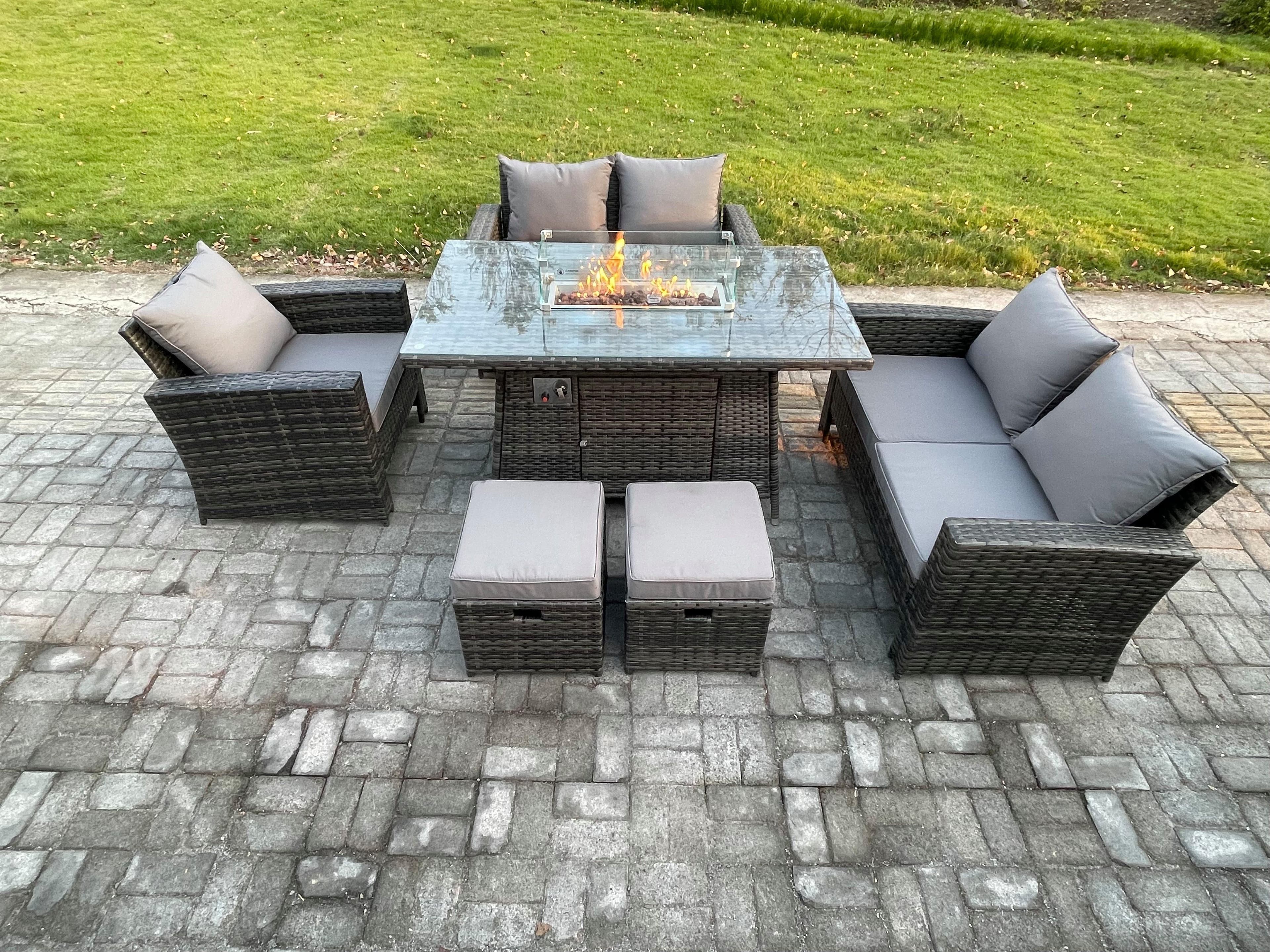 7 Seater Rattan Outdoor Garden Furniture Gas Fire Pit Table Sets Gas Heater Love Sofa Armchair 2 Small Footstools