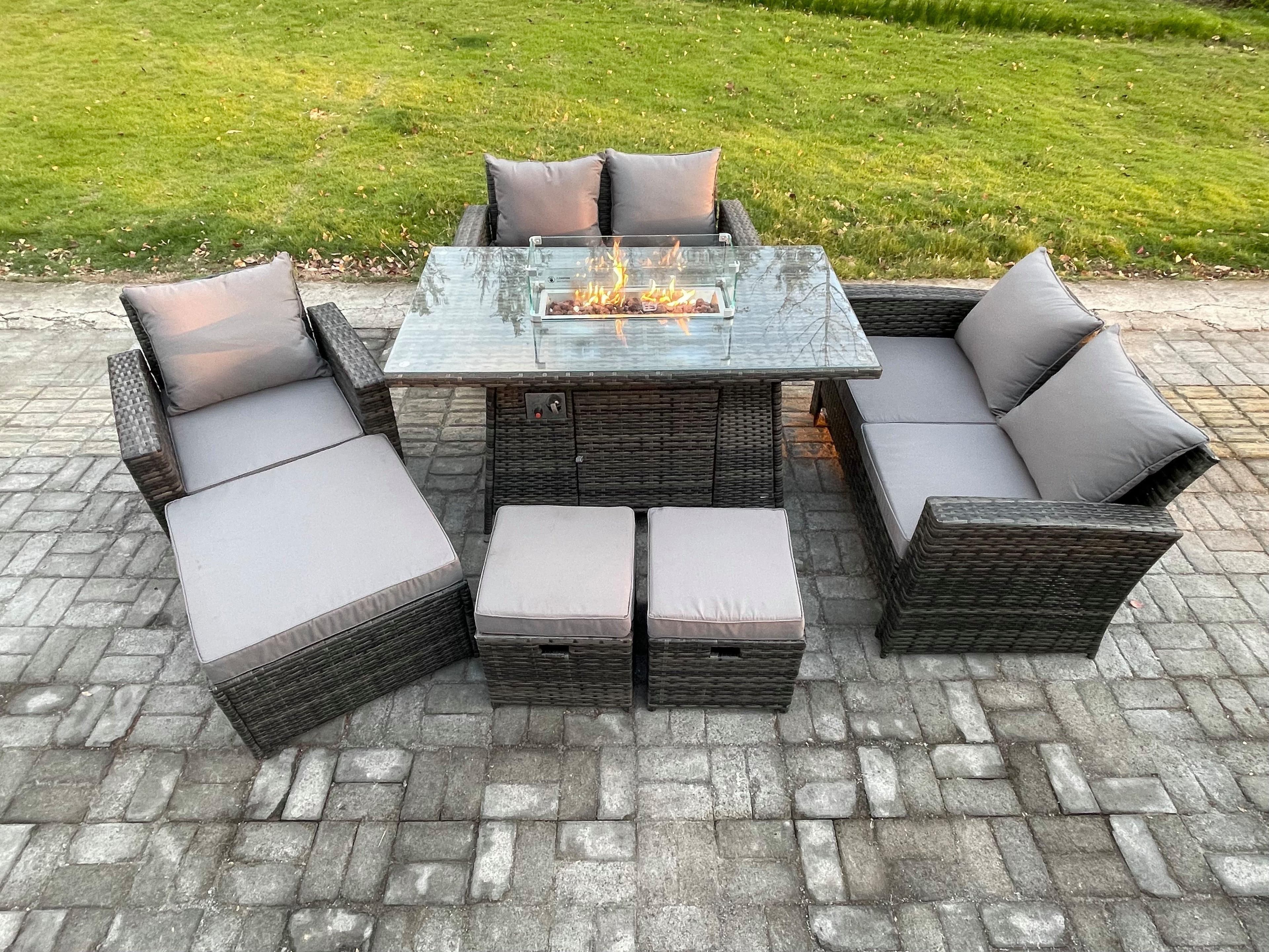 8 Seater Rattan Outdoor Garden Furniture Gas Fire Pit Table Sets Gas Heater Love Sofa Armchair 3 Footstools