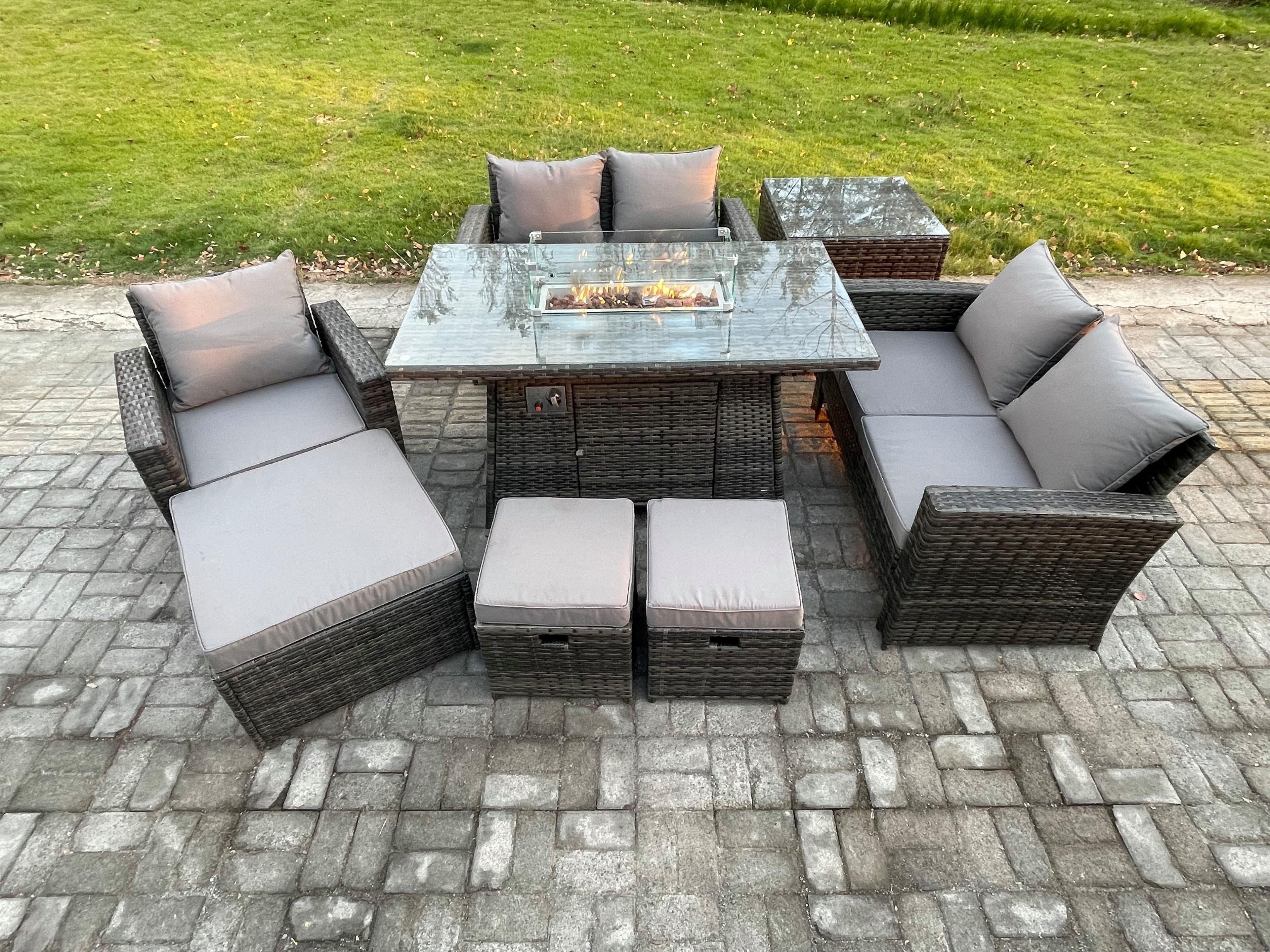 8 Seater Rattan Outdoor Garden Furniture Gas Fire Pit Table Sets Gas Heater Love Sofa Armchair 3 Footstools Side Table