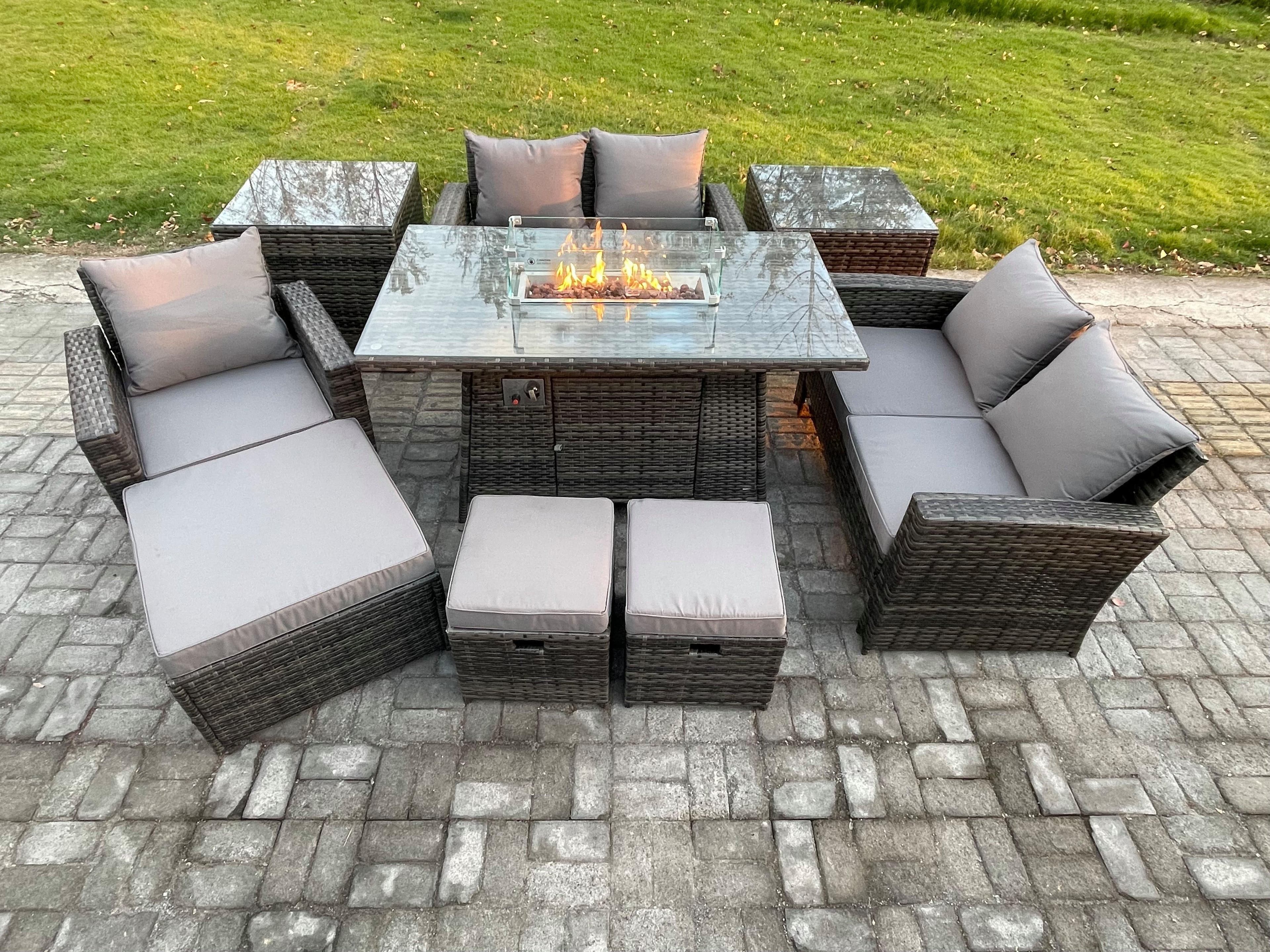 8 Seater Rattan Outdoor Garden Furniture Gas Fire Pit Table Sets Gas Heater Love Sofa Armchair 3 Footstools 2 Side Tables