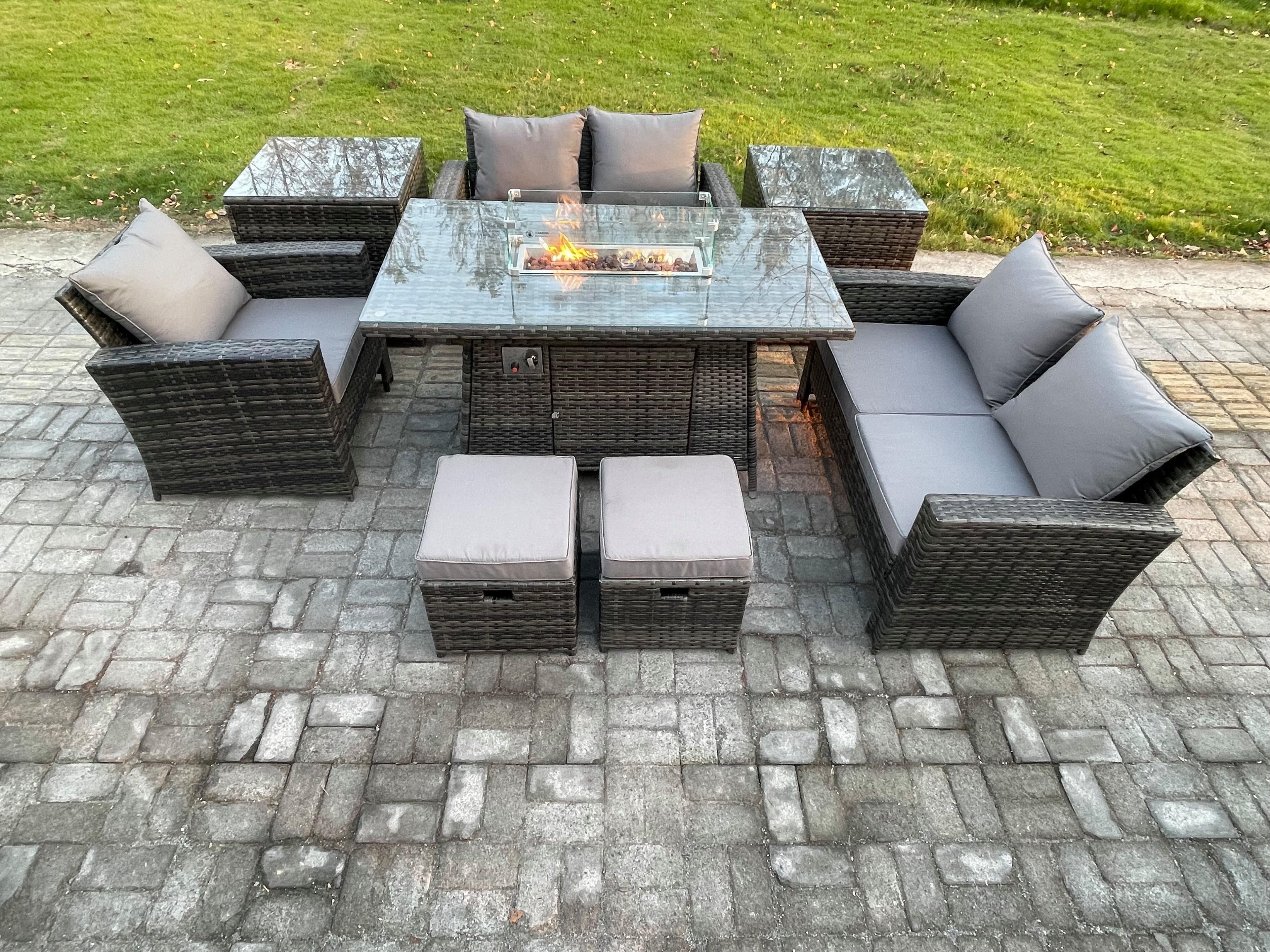 7 Seater Rattan Outdoor Garden Furniture Gas Fire Pit Table Sets Gas Heater Love Sofa Armchair 2 Small Footstools 2 Side Tables