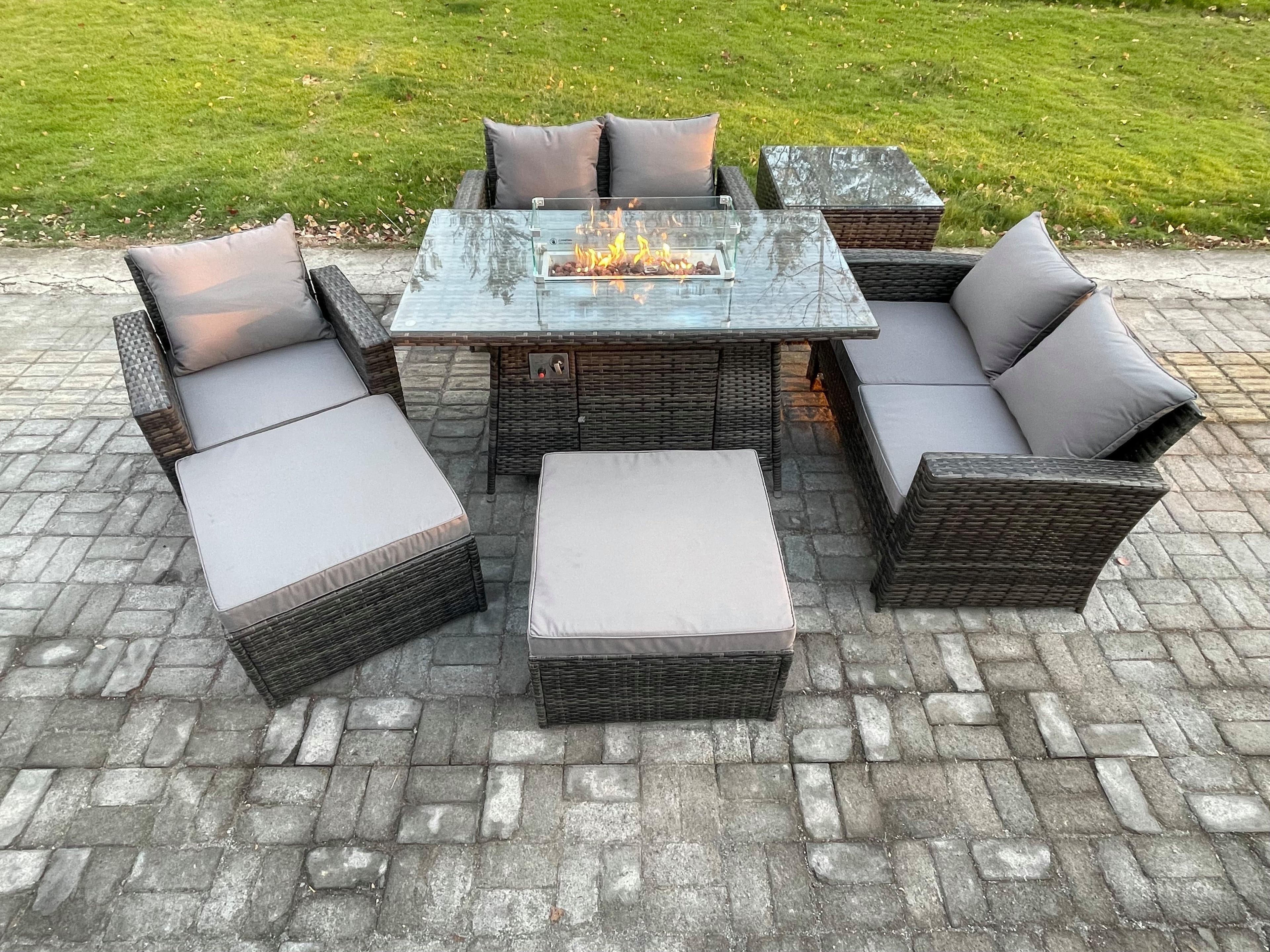 7 Seater Rattan Outdoor Garden Furniture Gas Fire Pit Table Sets Gas Heater Love Sofa Armchair 2 Big Footstool Side Table