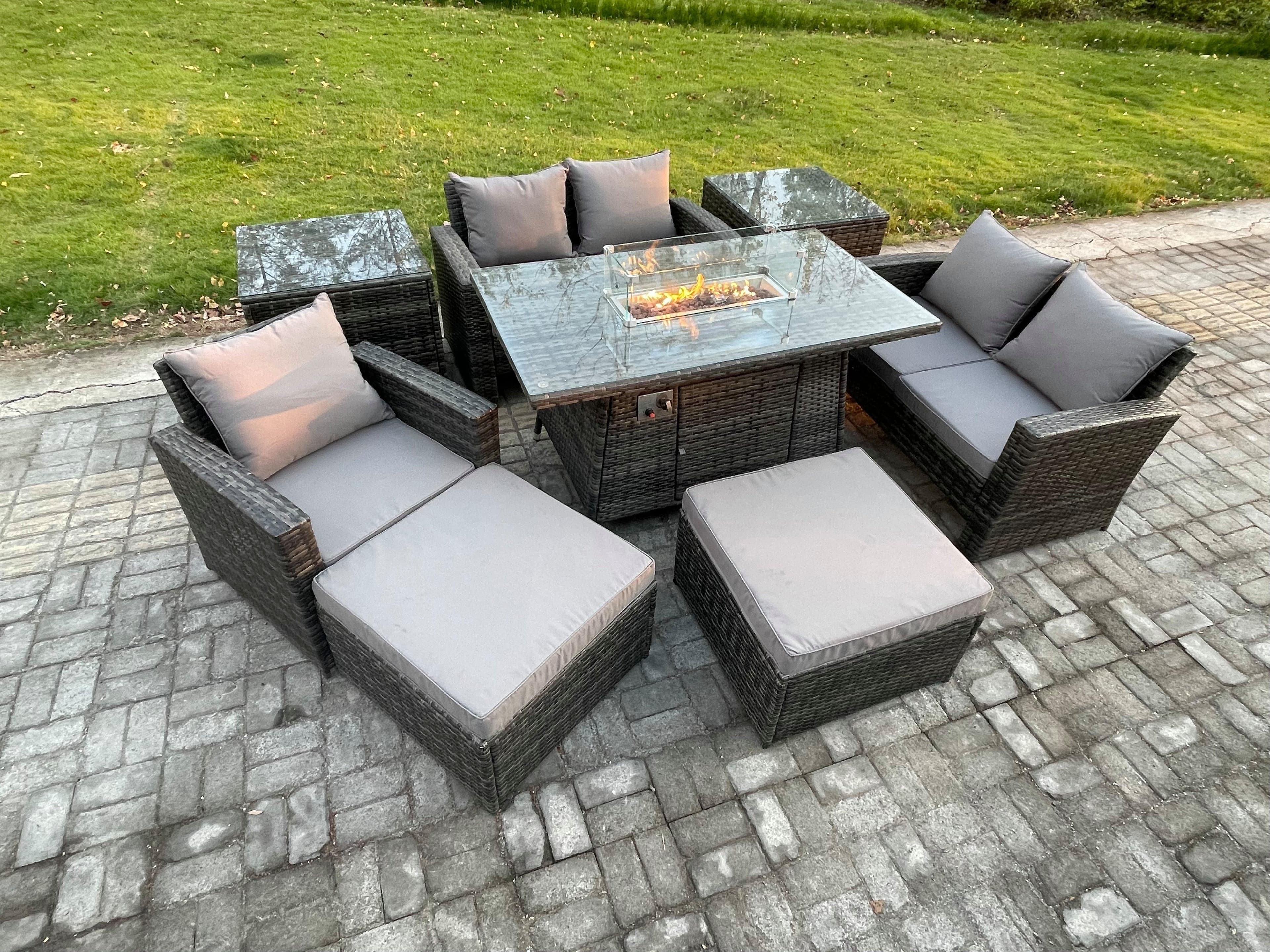 7 Seater Rattan Outdoor Garden Furniture Gas Fire Pit Table Sets Gas Heater Love Sofa Armchair 2 Big Footstool 2 Side Tables