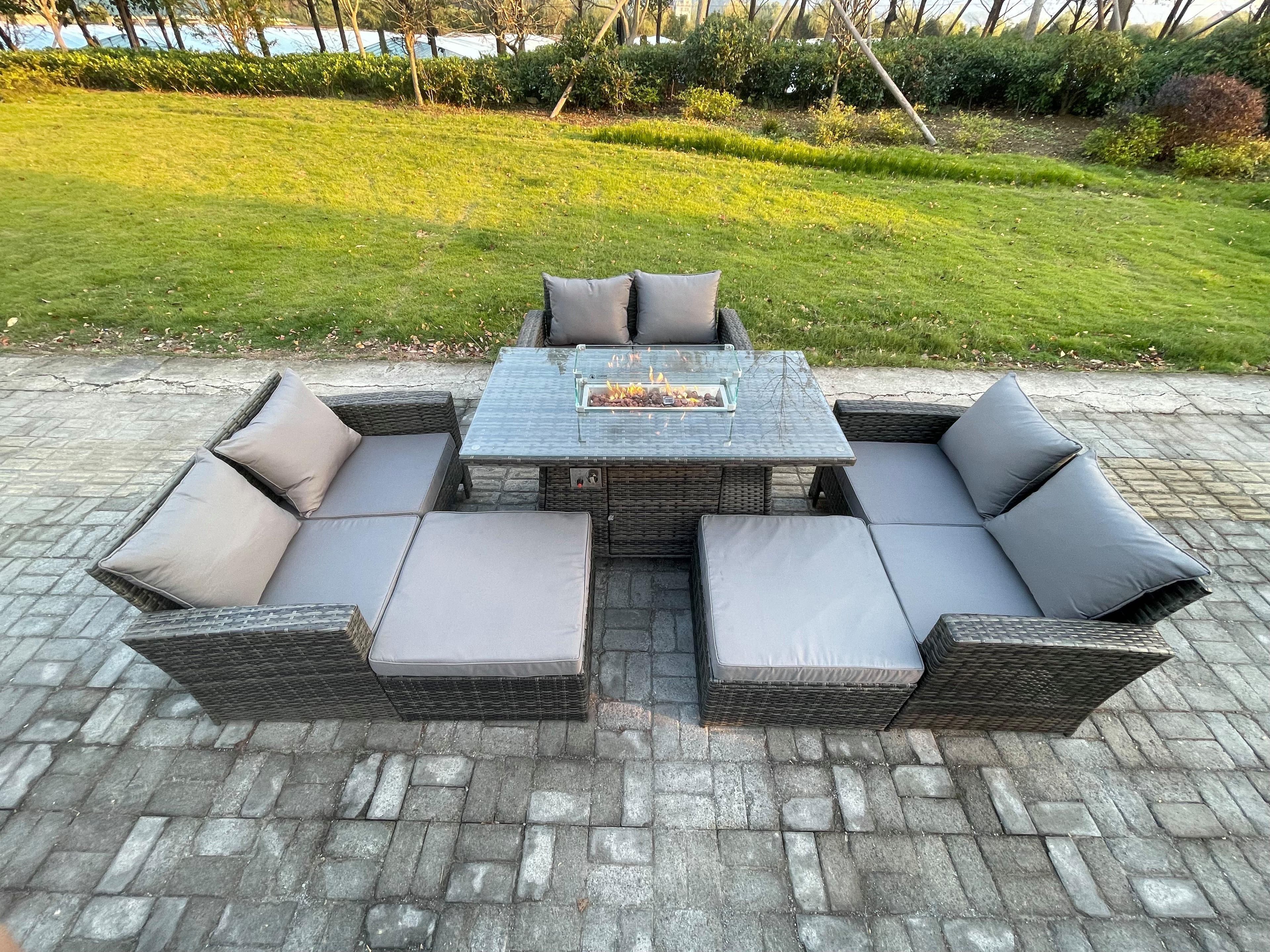 Rattan Garden Furniture Set Outdoor Lounge Sofa Chair Gas Fire Pit Dining Table Set 2 Big Footstool Double Seat Sofa Armchiar