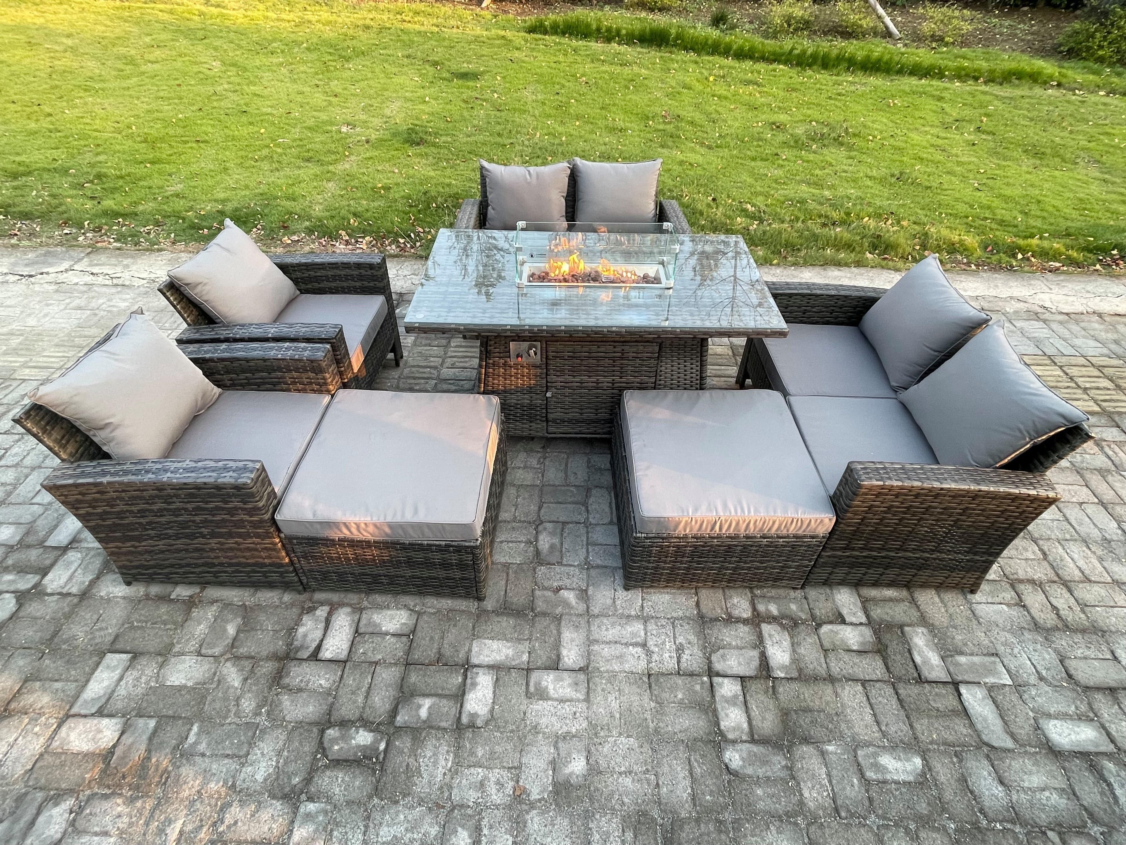 8 Seater Rattan Garden Furniture Set Outdoor Lounge Sofa Chair Gas Fire Pit Dining Table Set 2 Big Footstool Double Seat Sofa Armchiar
