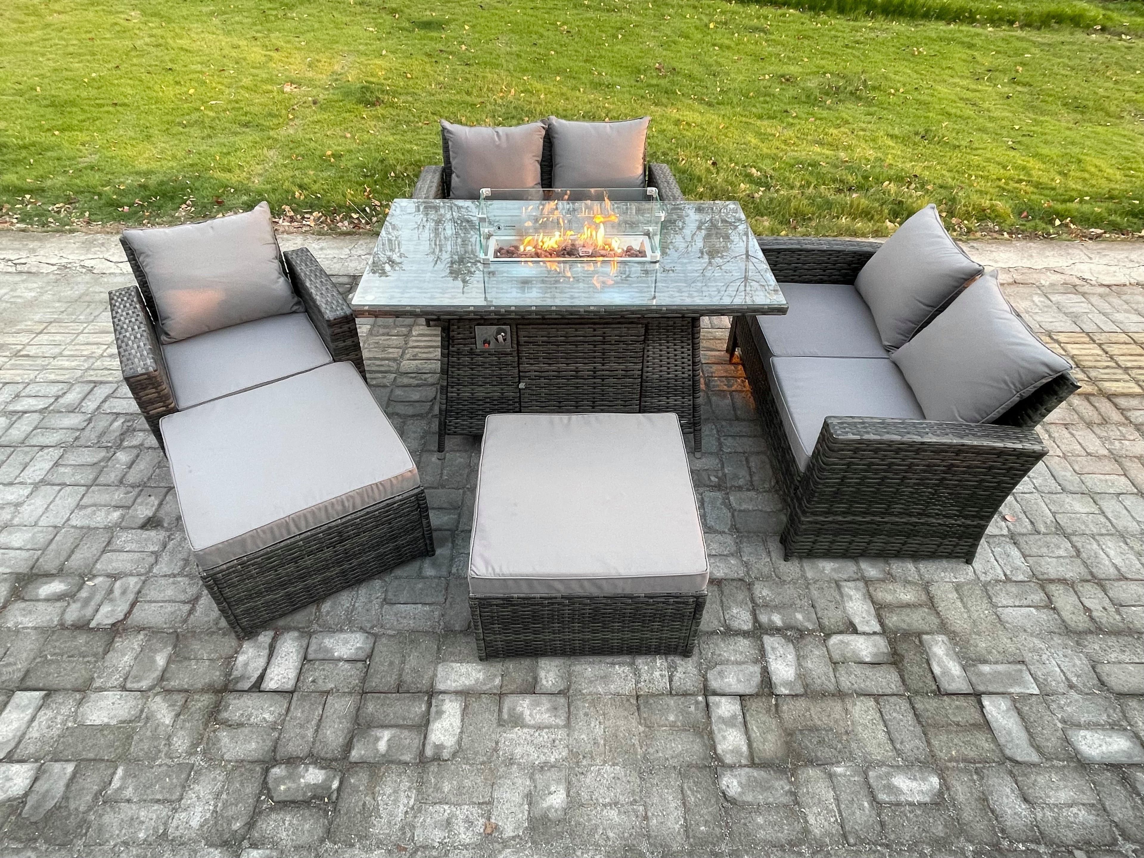 7 Seater Rattan Garden Furniture Set Outdoor Lounge Sofa Chair Gas Fire Pit Dining Table Set 2 Big Footstool Double Seat Sofa Armchiar