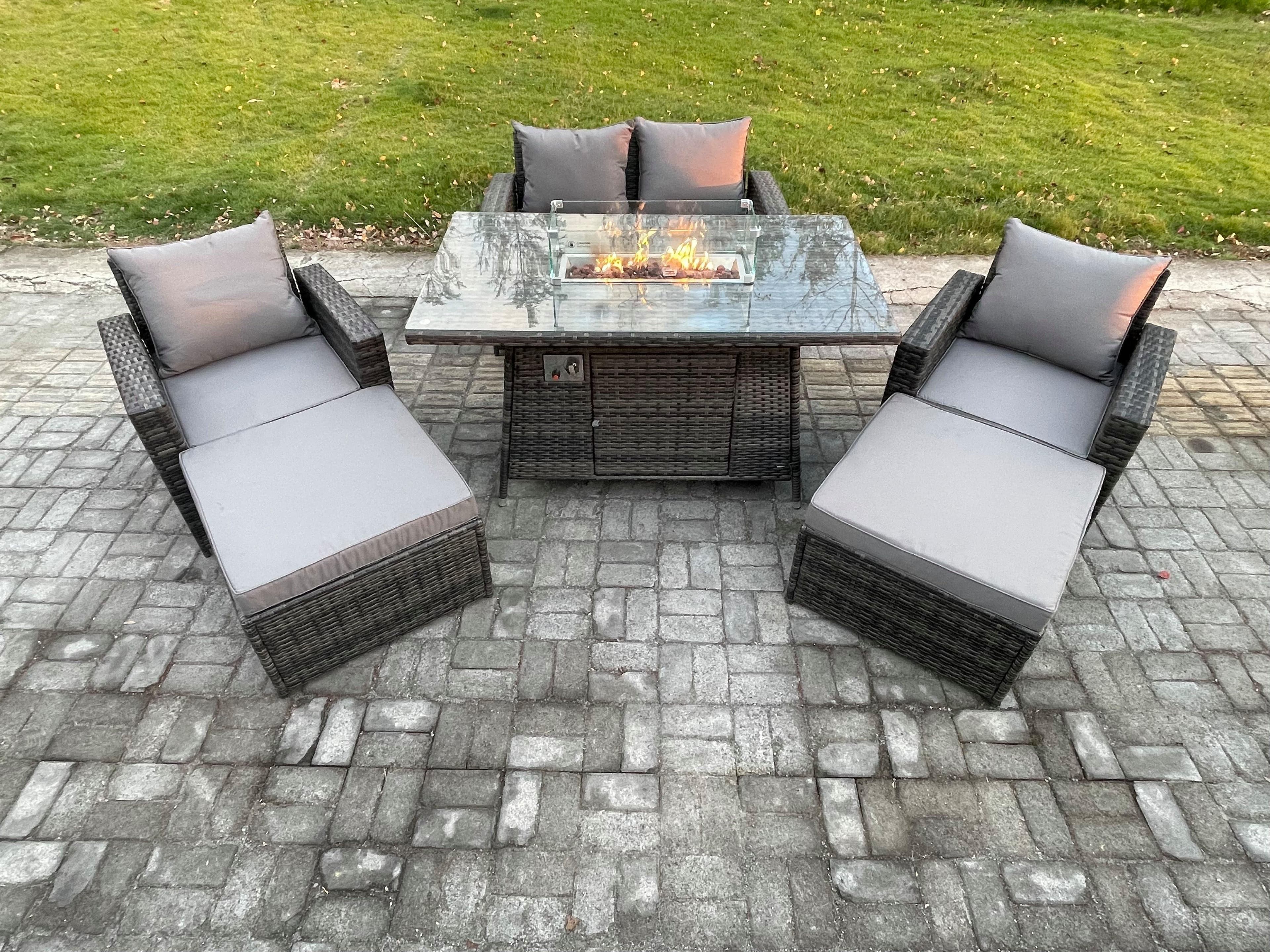 6 Seater Rattan Garden Furniture Set Outdoor Lounge Sofa Chair Gas Fire Pit Dining Table Set 2 Big Footstool Double Seat Sofa Armchiar