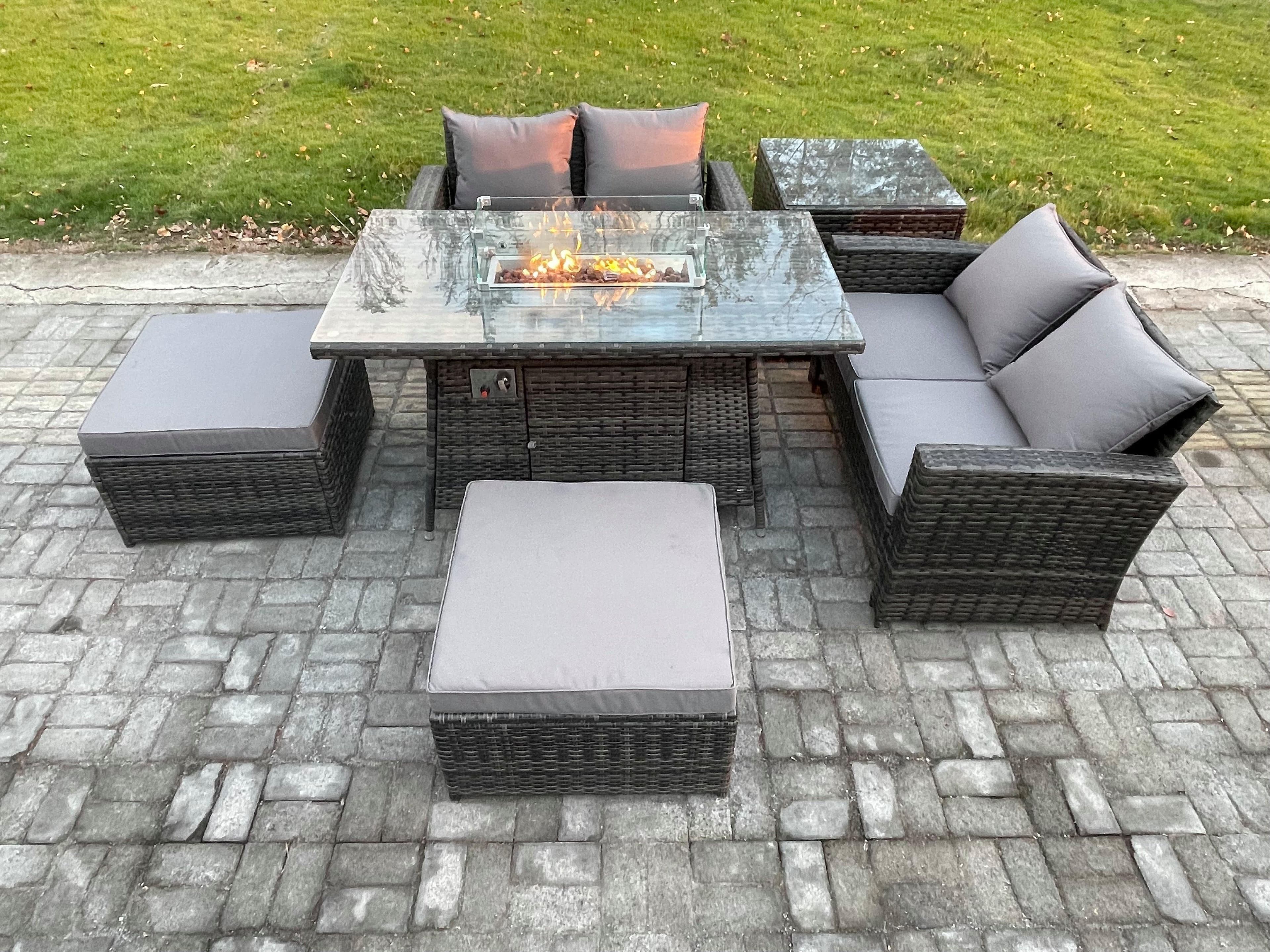 6 Seater Rattan Garden Furniture Set Outdoor Lounge Sofa Chair Gas Fire Pit Dining Table Set 2 Big Footstool Double Seat Sofa Side Table