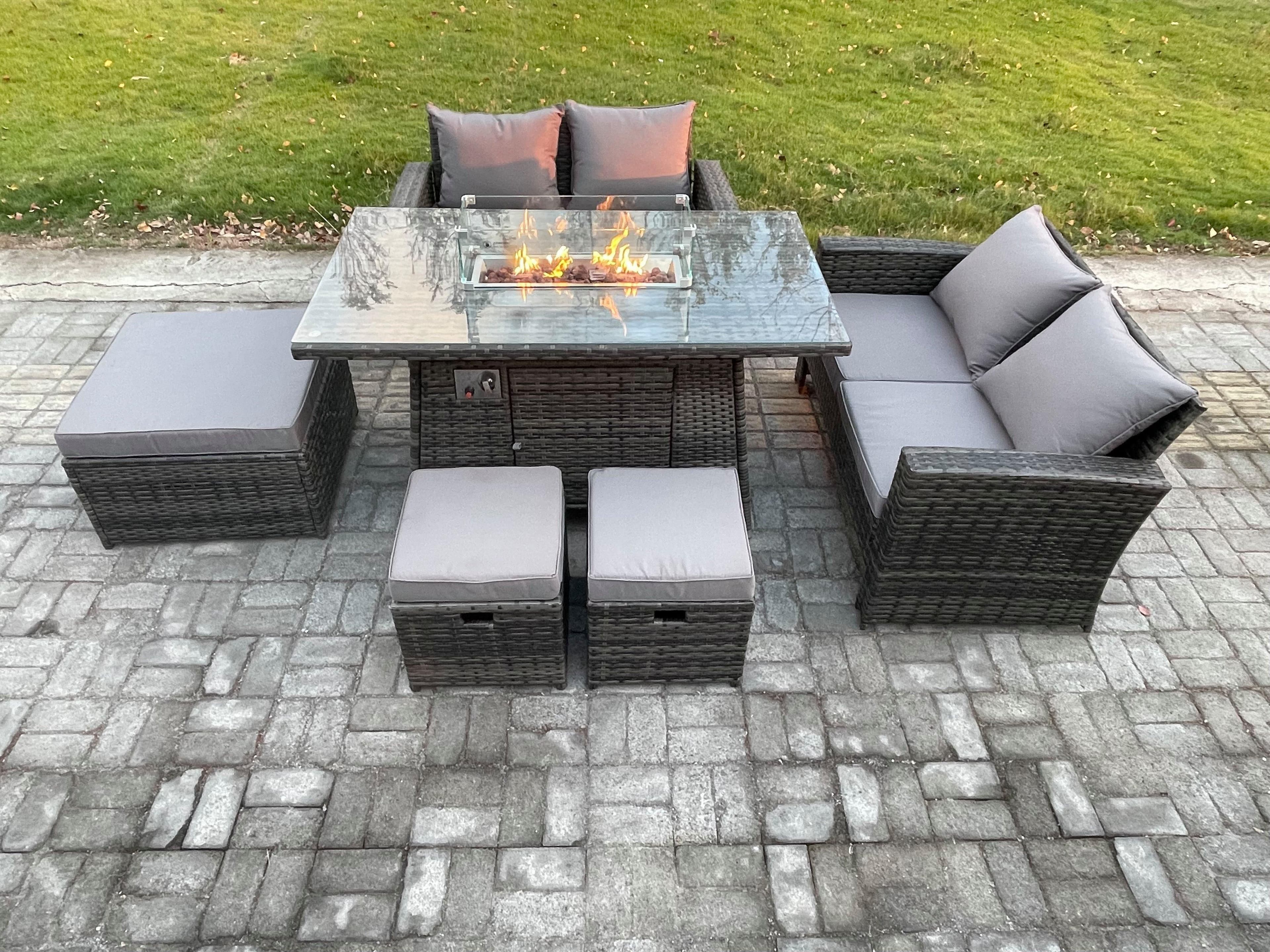 7 Seater Rattan Garden Furniture Set Outdoor Lounge Sofa Chair Gas Fire Pit Dining Table Set 3 Footstools Double Seat Sofa