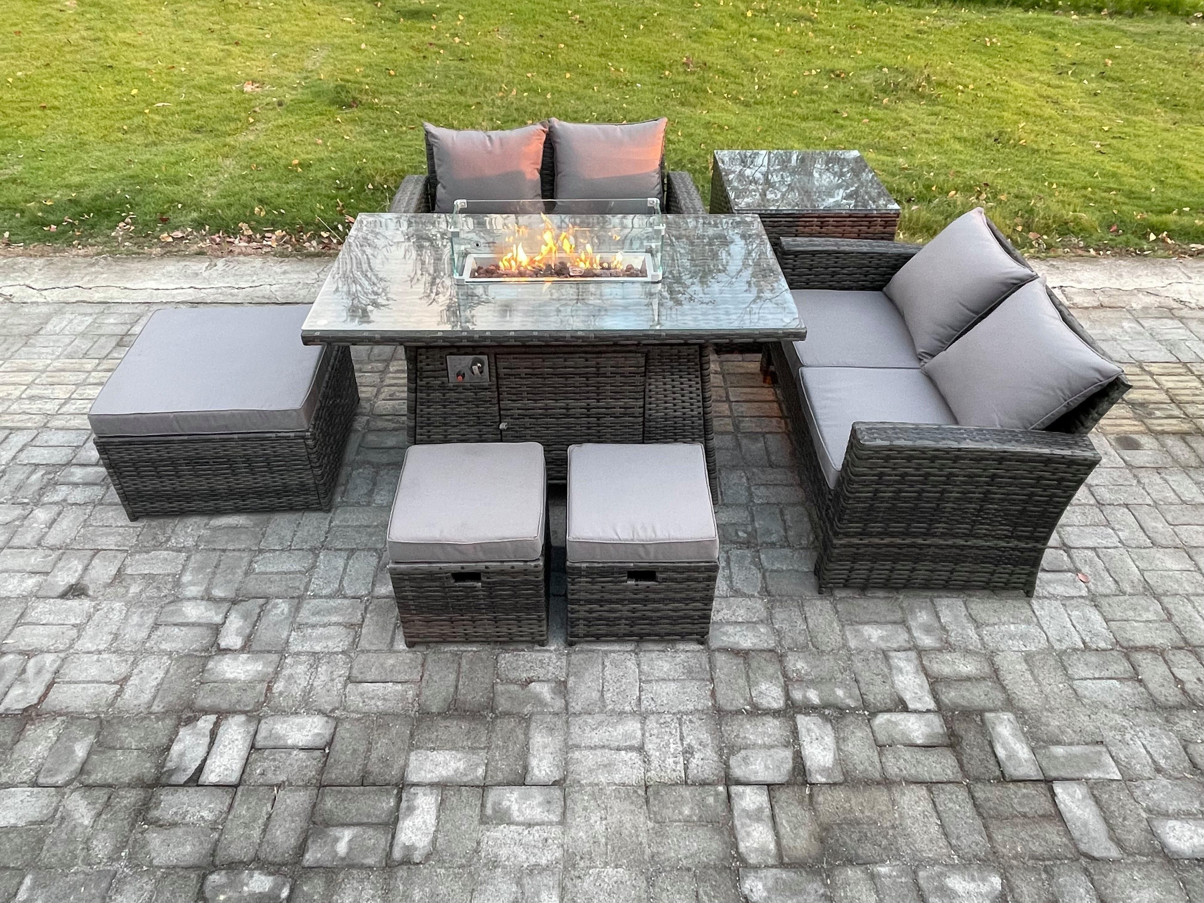 7 Seater Rattan Garden Furniture Set Outdoor Lounge Sofa Chair Gas Fire Pit Dining Table Set 3 Footstools Double Seat Sofa Side Table