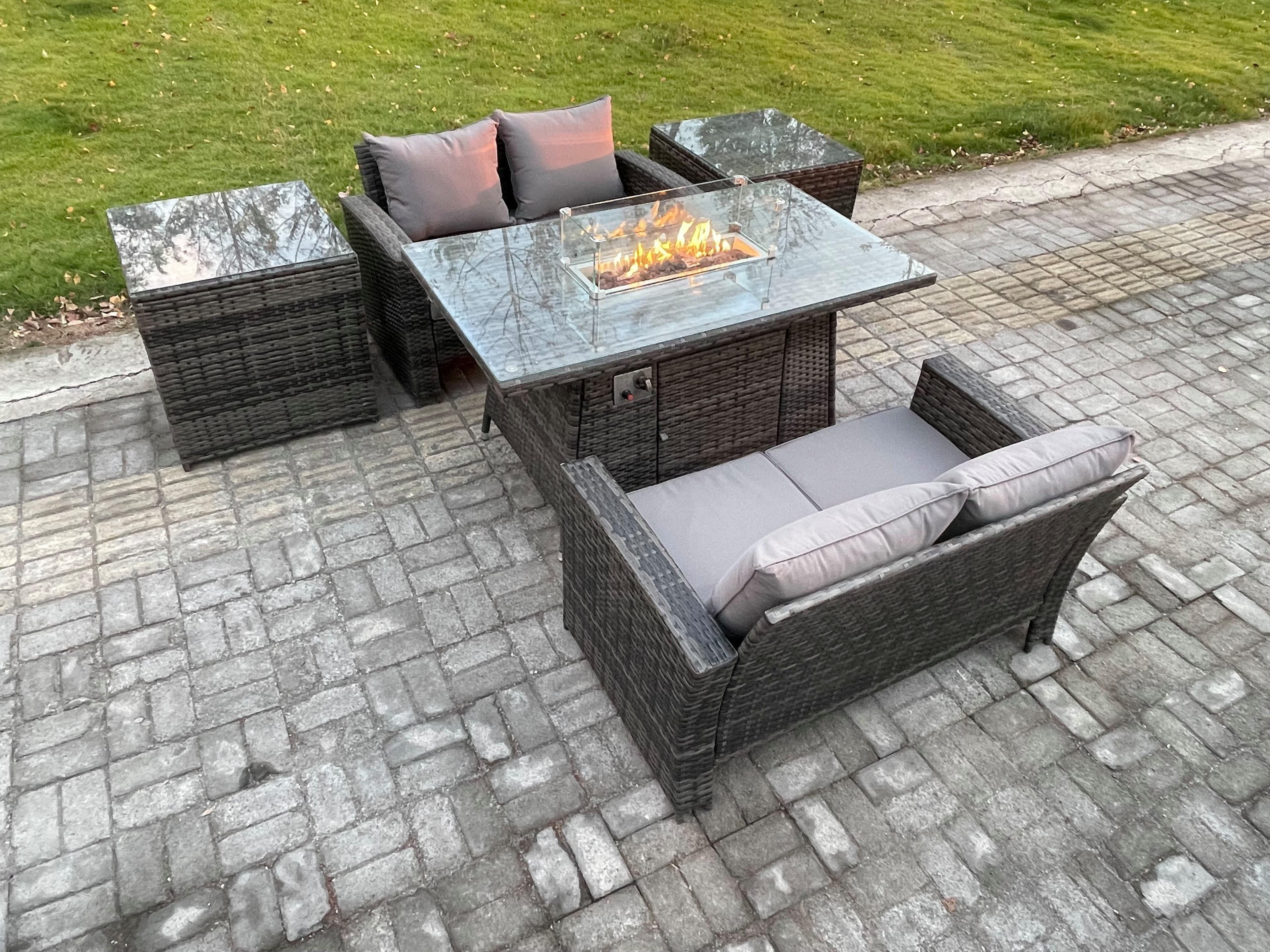 4 Seater Rattan Garden Furniture Set Outdoor Lounge Sofa Chair Gas Fire Pit Dining Table Set Double Seat Sofa 2 Side Tables